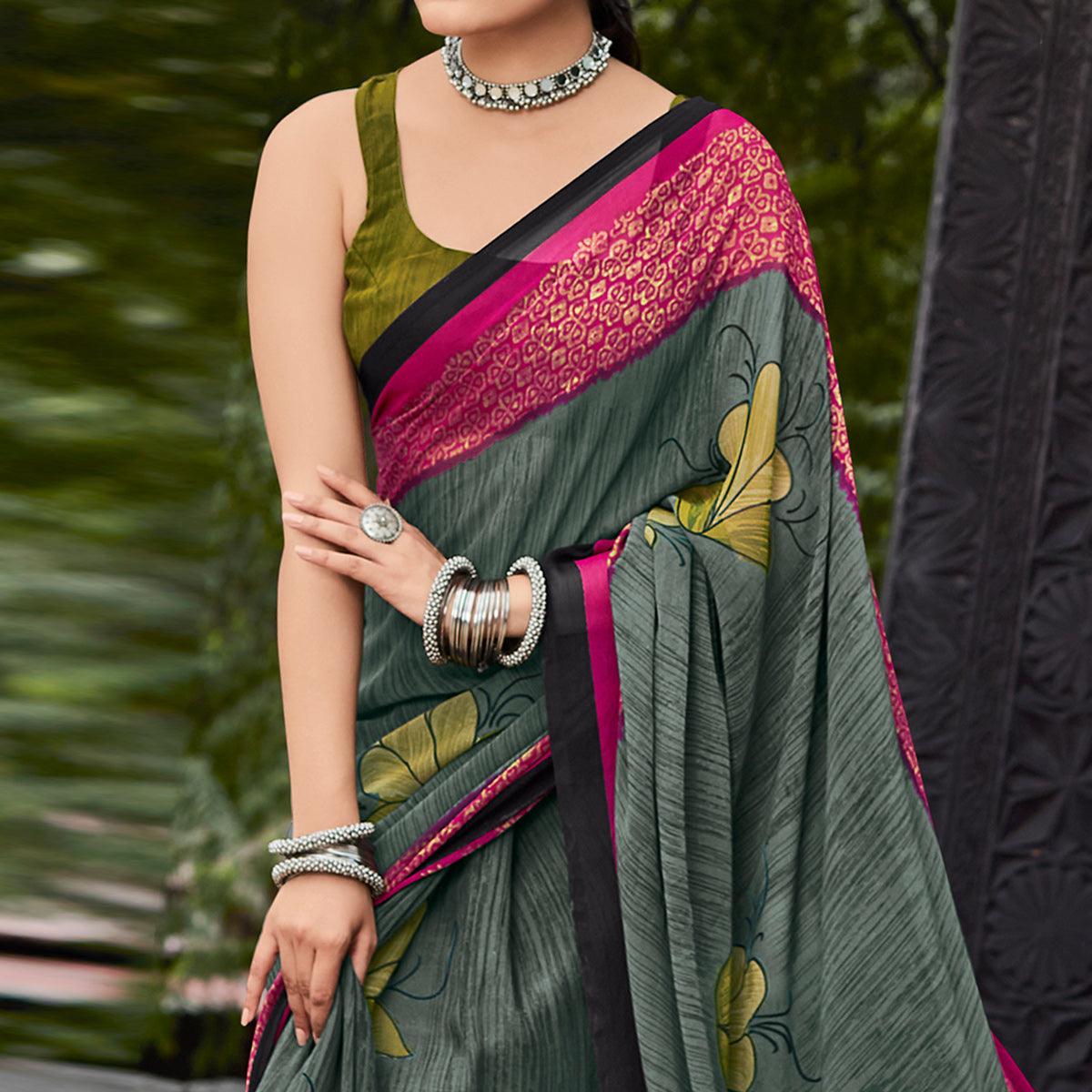 Green Printed Geoergette Saree - Peachmode