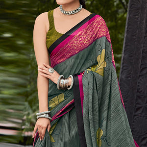 Green Printed Geoergette Saree - Peachmode