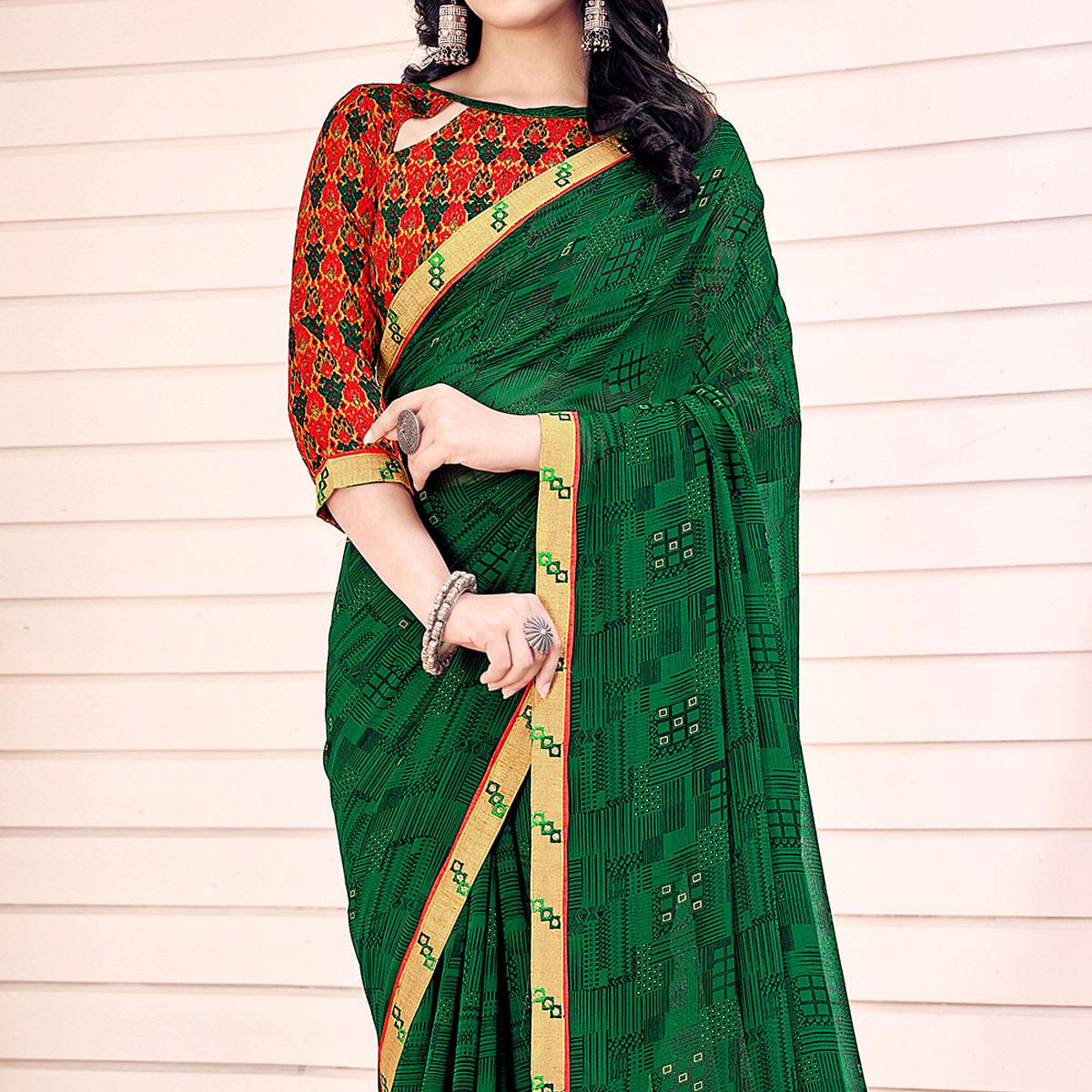 Green Printed Georgette Saree - Peachmode
