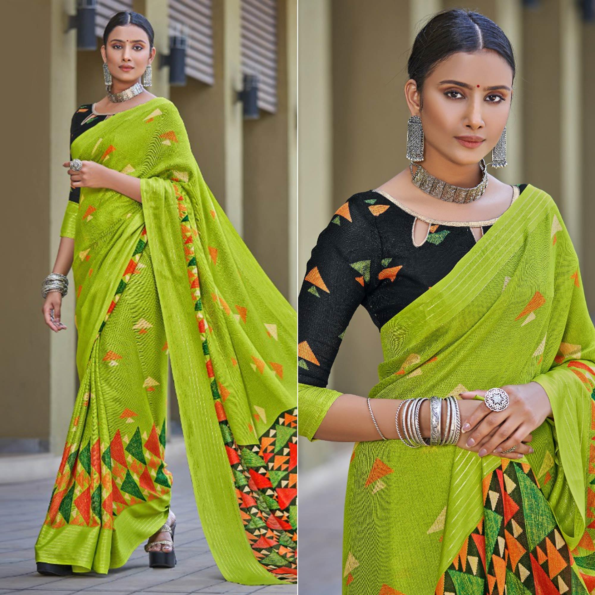 Green Printed Jute Saree - Peachmode