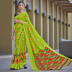 Green Printed Jute Saree - Peachmode