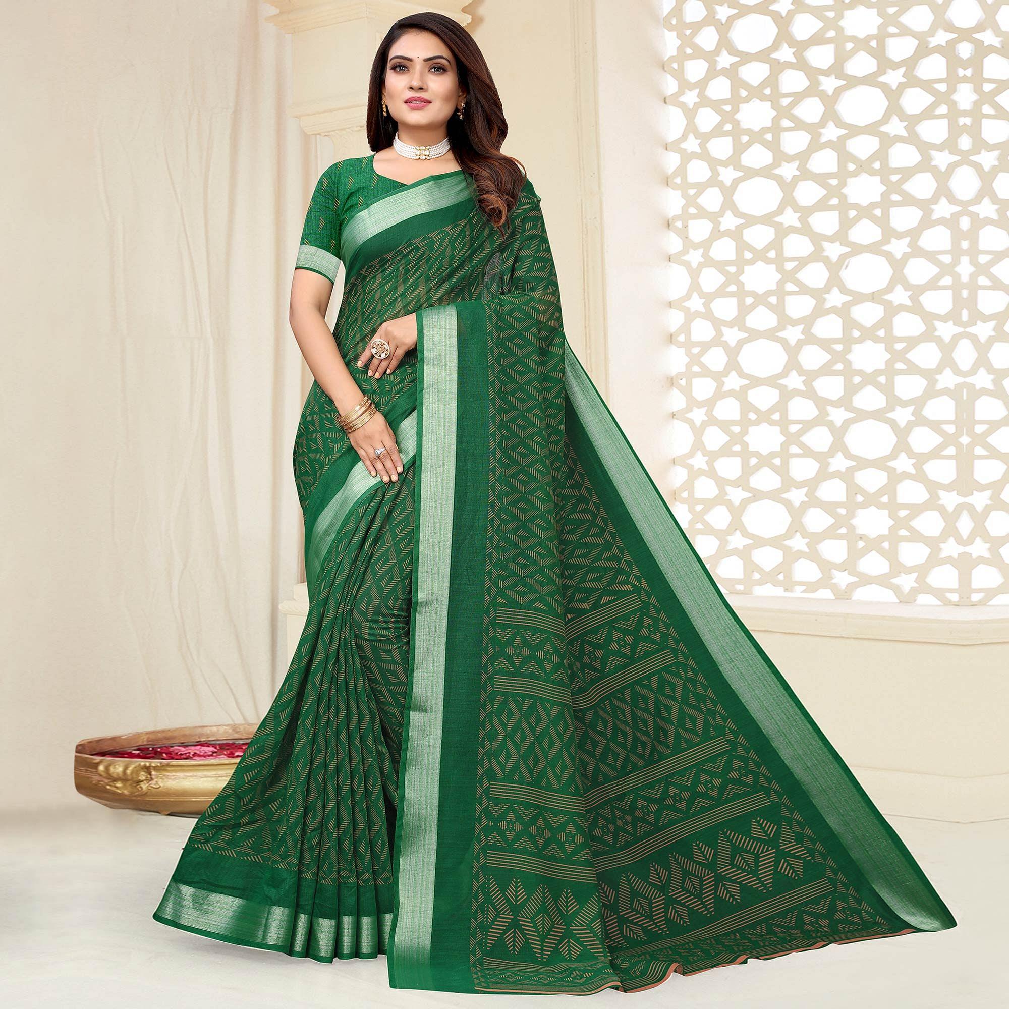Green Printed Linen Saree - Peachmode