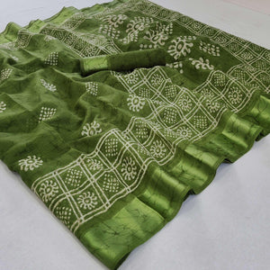 Green Printed Linen Saree - Peachmode