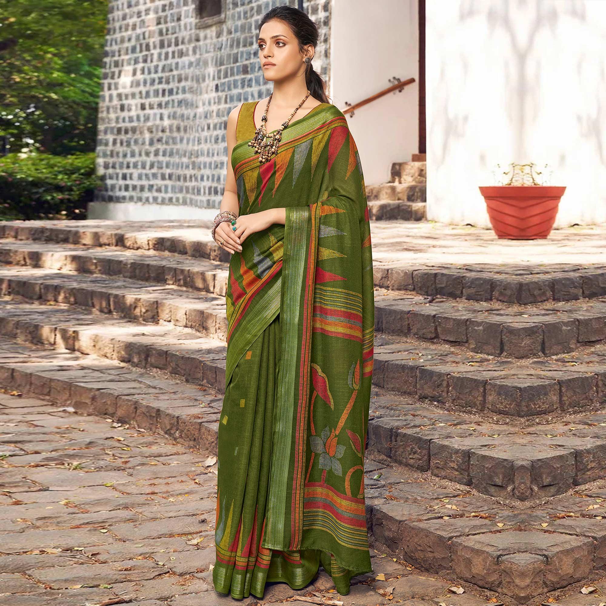 Green Printed Linen Saree - Peachmode