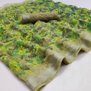 Green Printed Linen Saree - Peachmode