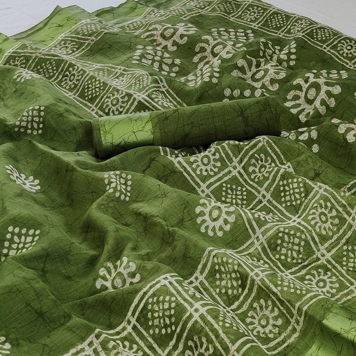 Green Printed Linen Saree - Peachmode