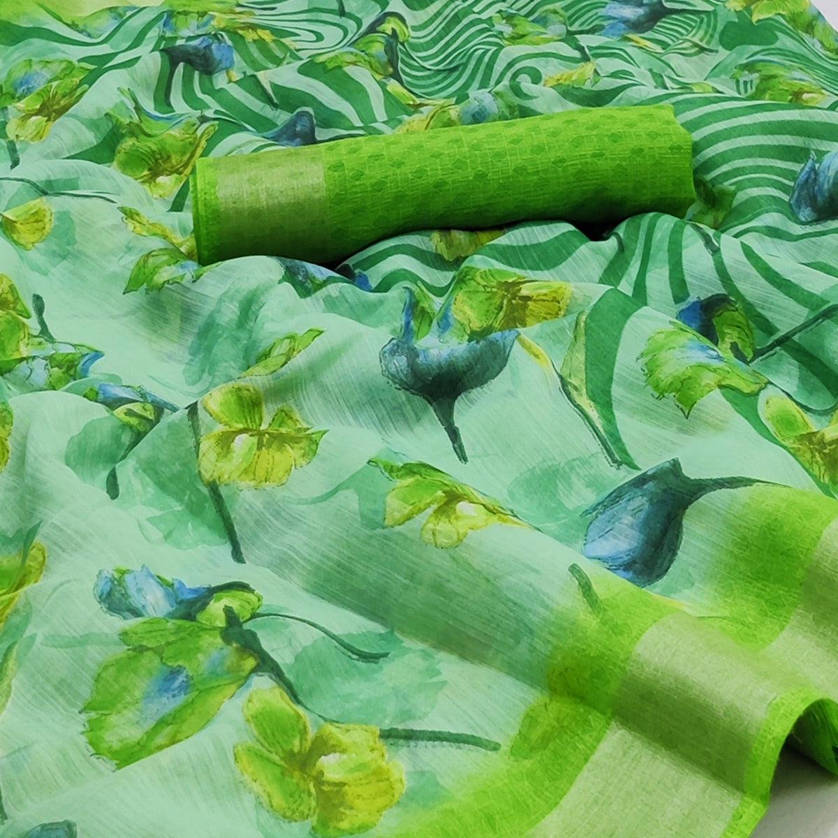Green Printed Linen Saree - Peachmode