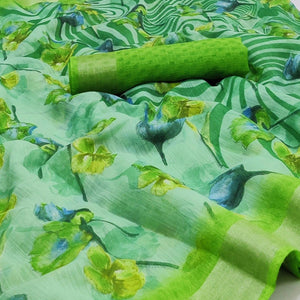 Green Printed Linen Saree - Peachmode