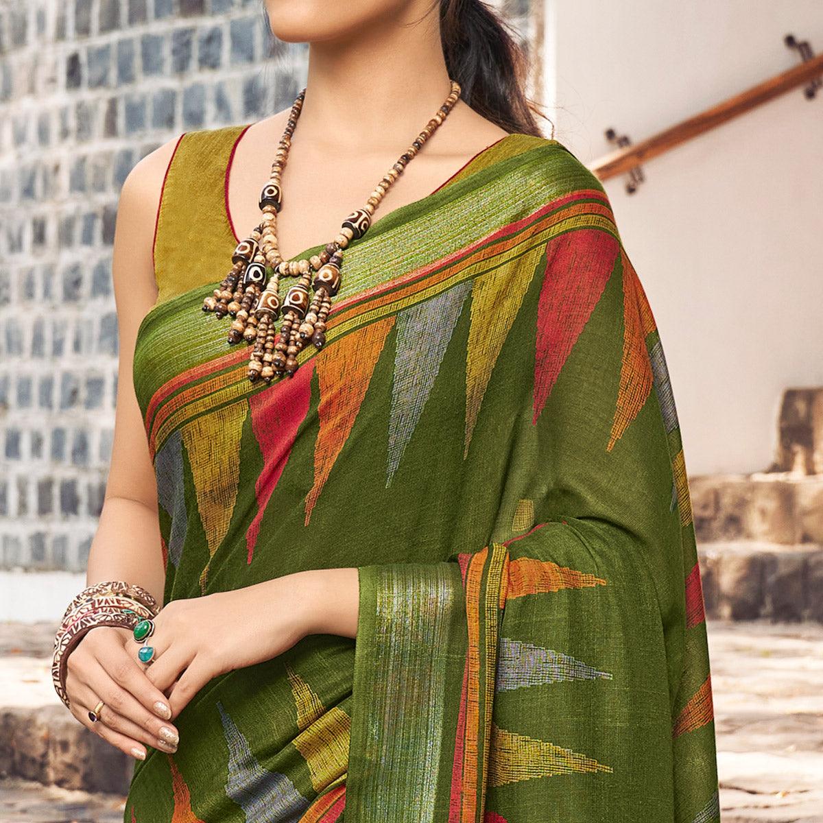 Green Printed Linen Saree - Peachmode