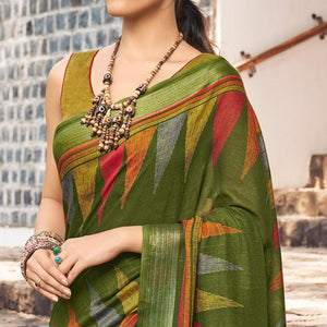 Green Printed Linen Saree - Peachmode
