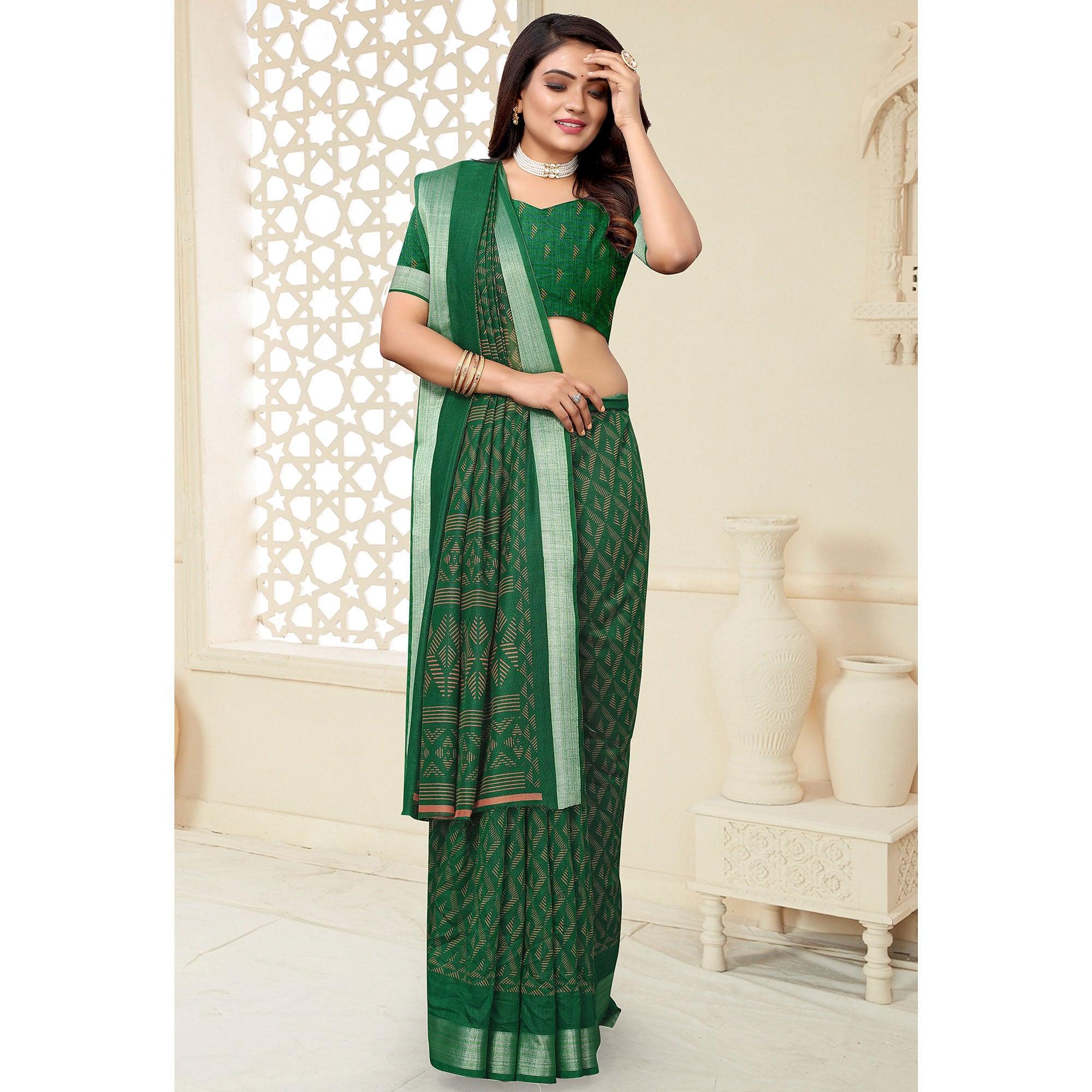 Green Printed Linen Saree - Peachmode