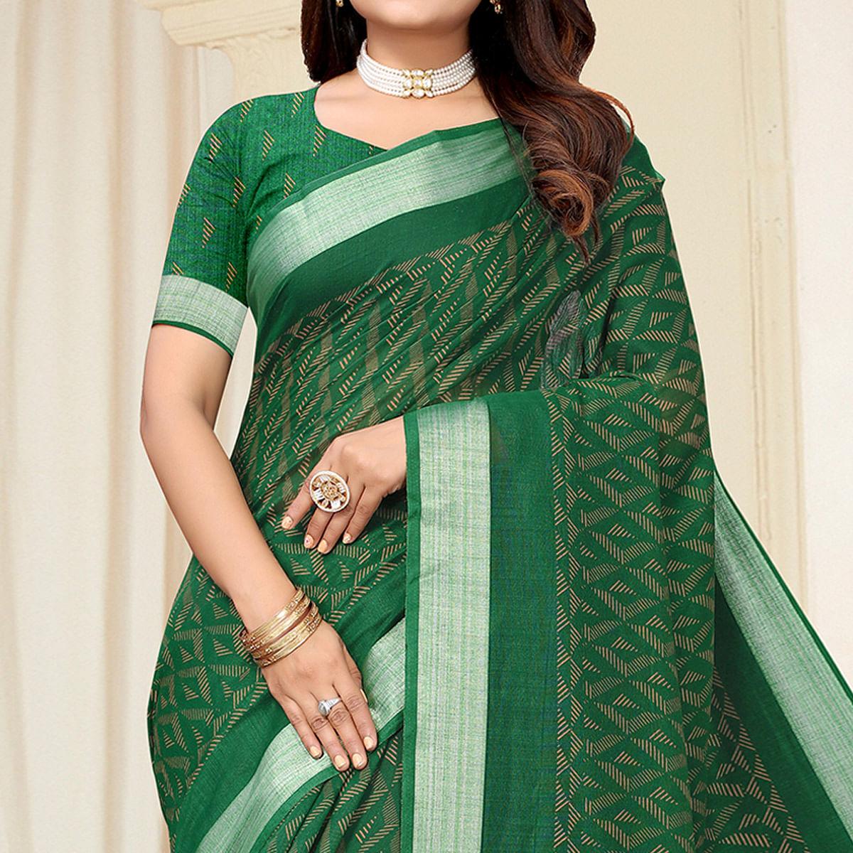 Green Printed Linen Saree - Peachmode