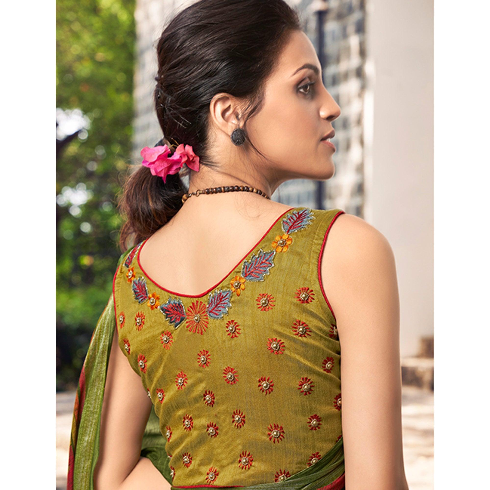 Green Printed Linen Saree - Peachmode