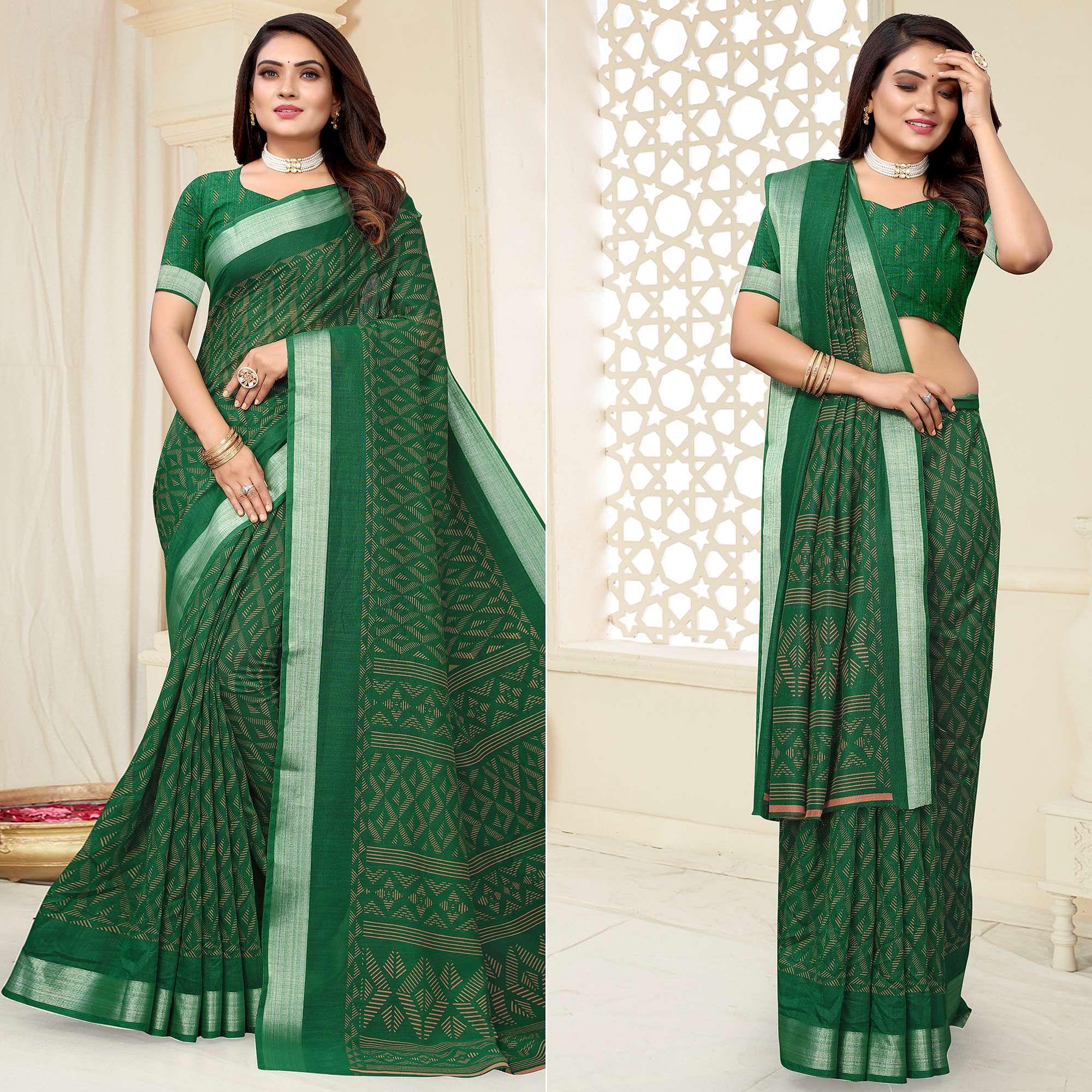 Green Printed Linen Saree - Peachmode