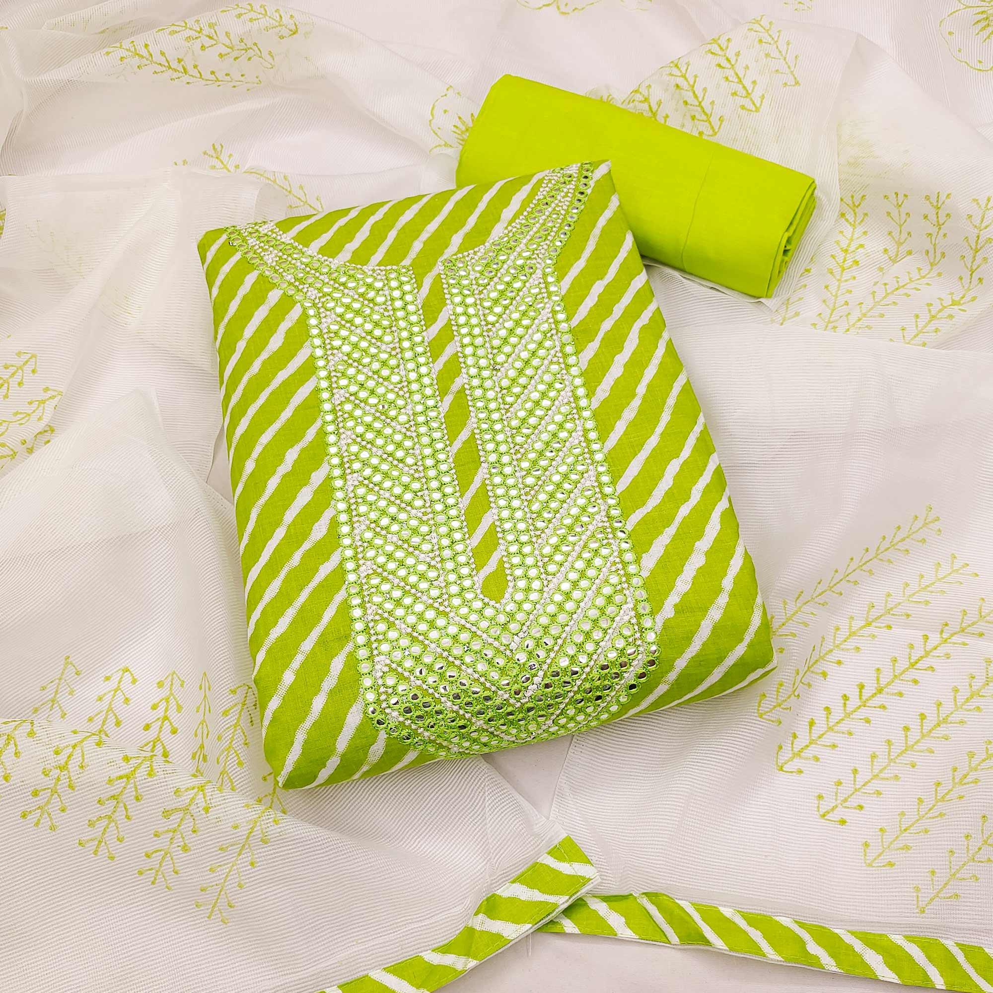 Green Printed-Mirror Work Pure Cotton Dress Material - Peachmode