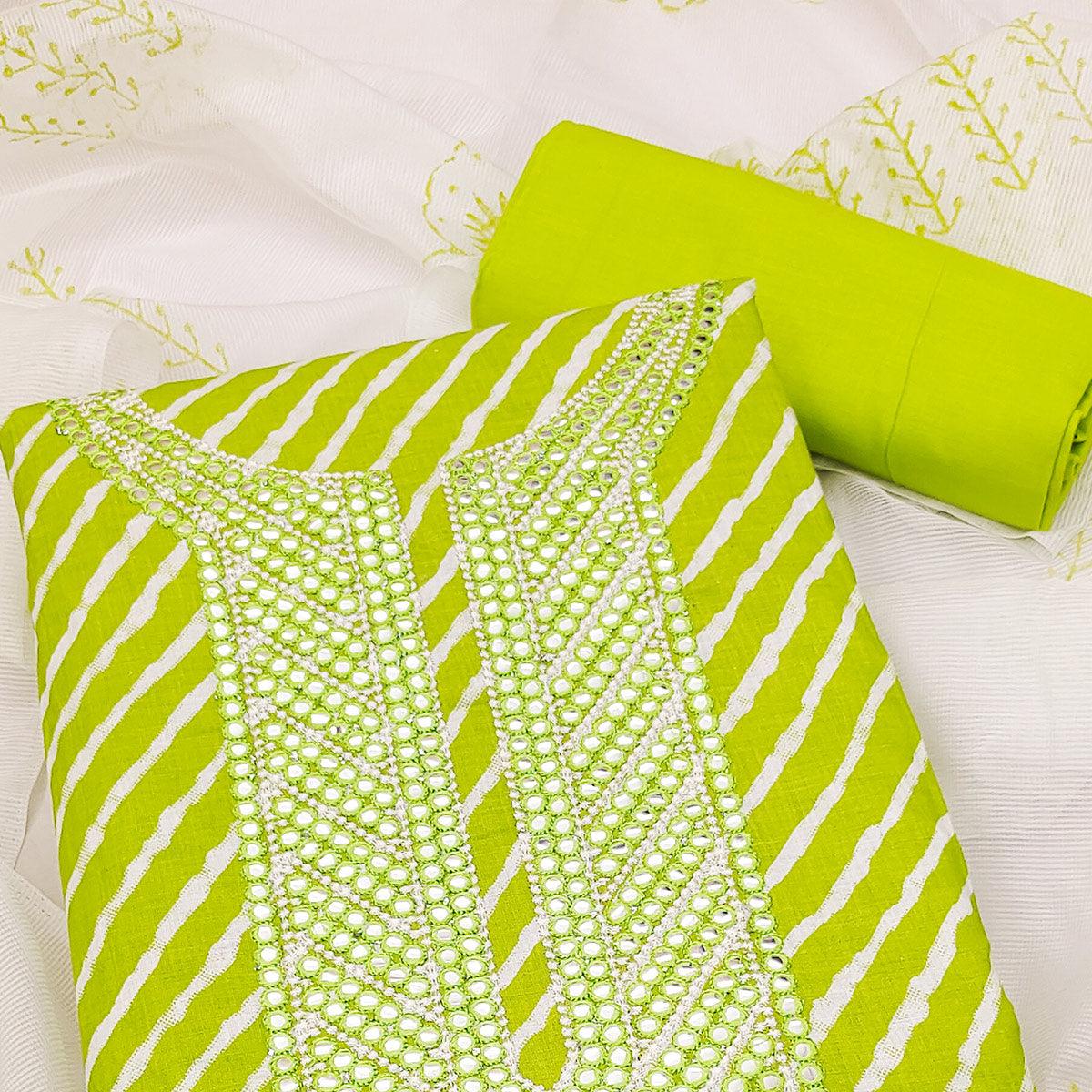 Green Printed-Mirror Work Pure Cotton Dress Material - Peachmode