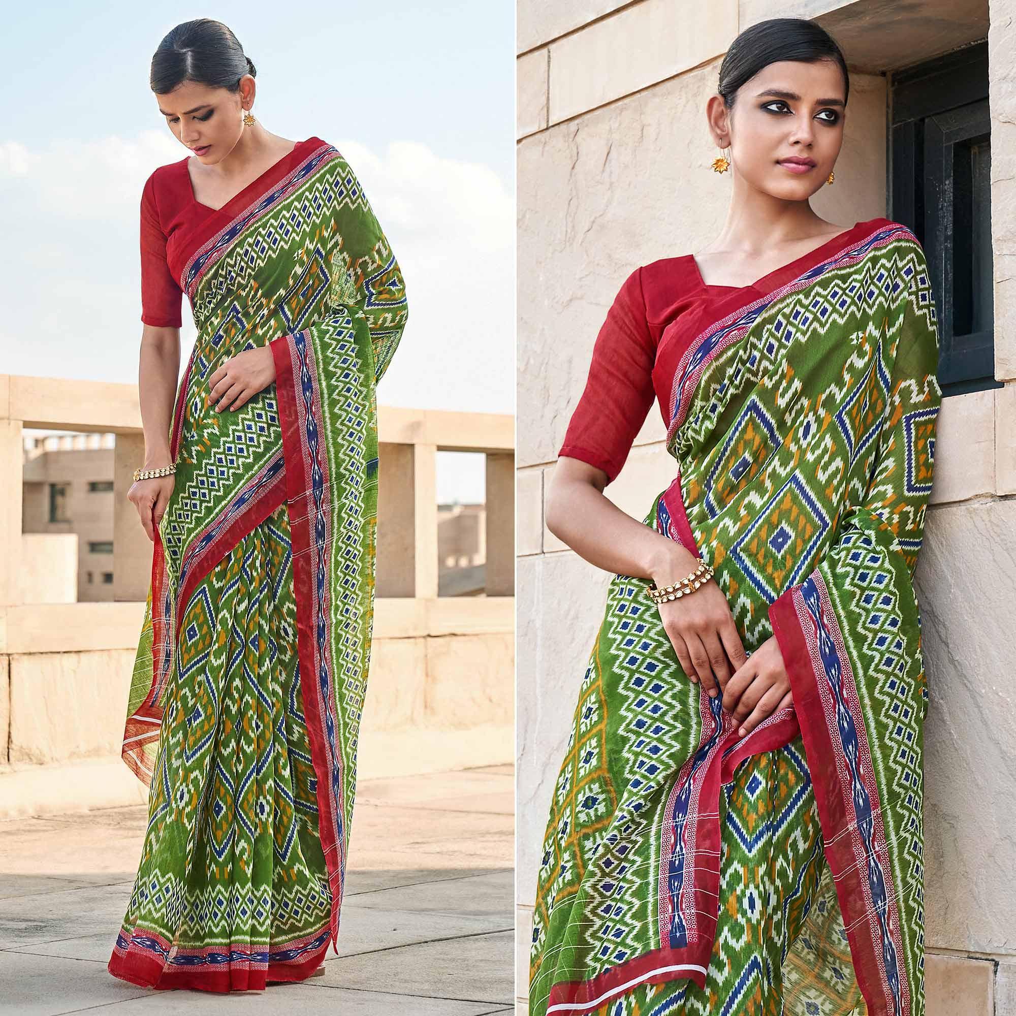 Green Printed Poly Cotton Saree - Peachmode