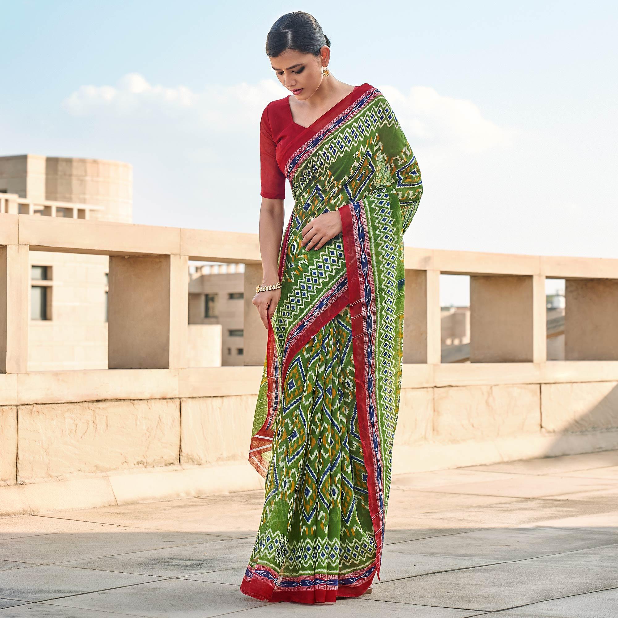 Green Printed Poly Cotton Saree - Peachmode