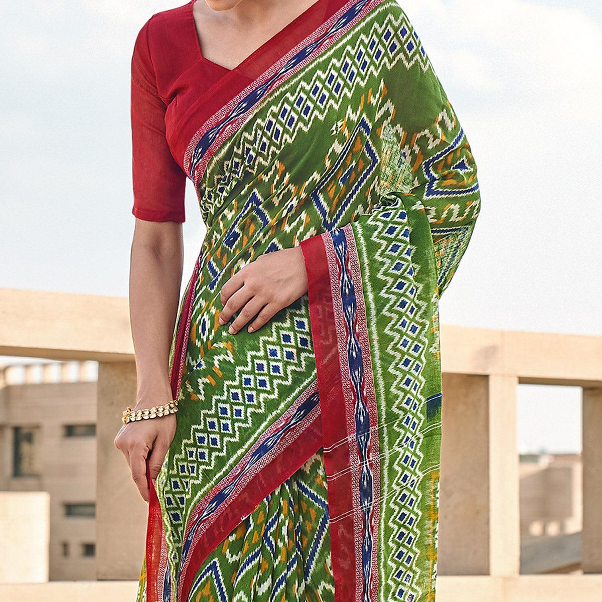 Green Printed Poly Cotton Saree - Peachmode