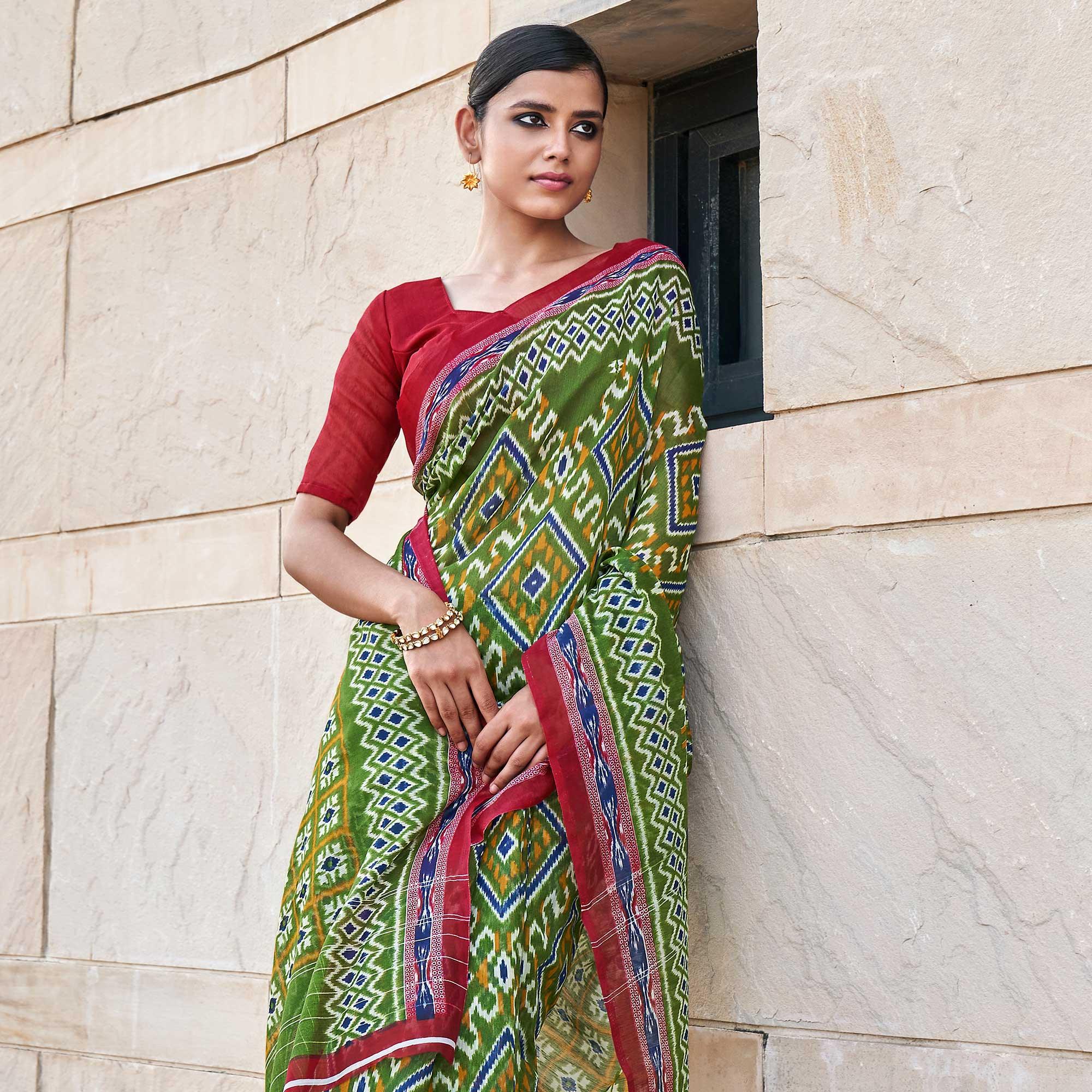 Green Printed Poly Cotton Saree - Peachmode