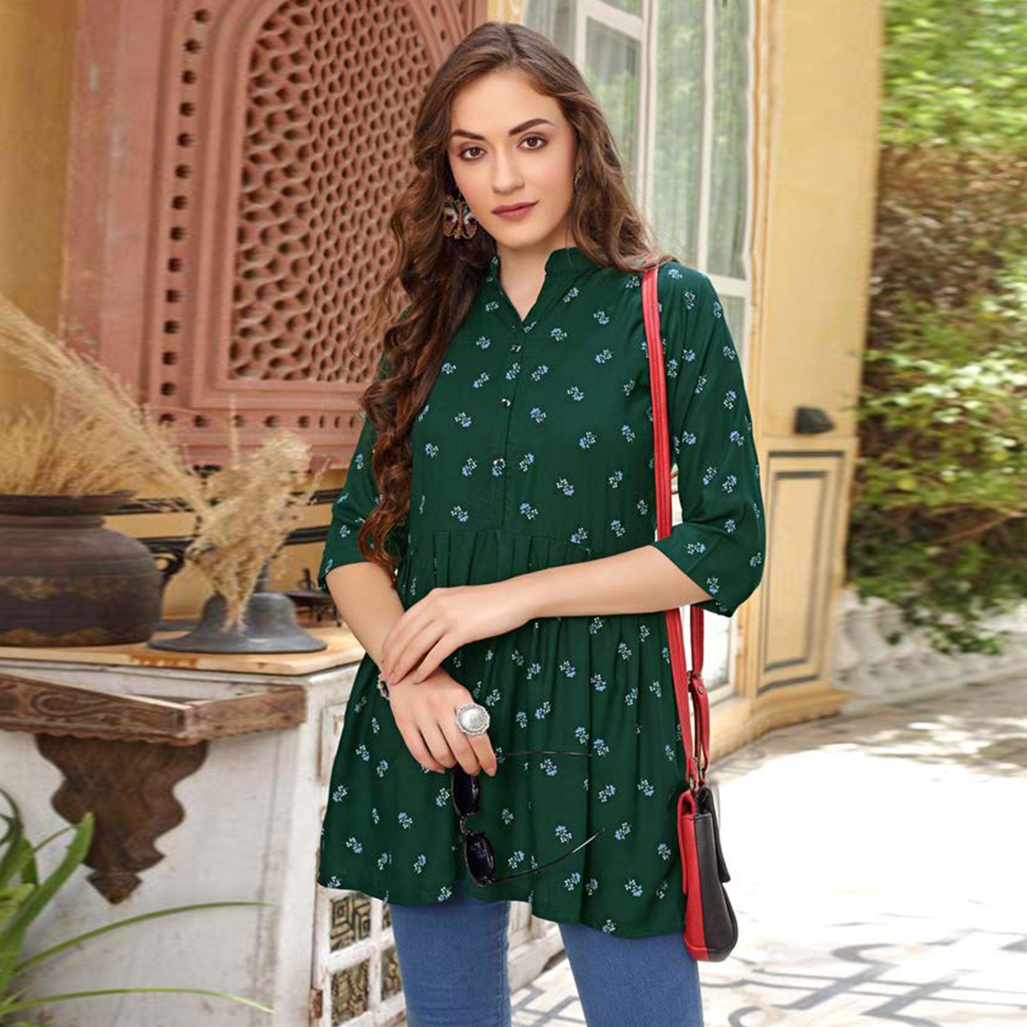 Green Printed Poly Cotton Top - Peachmode