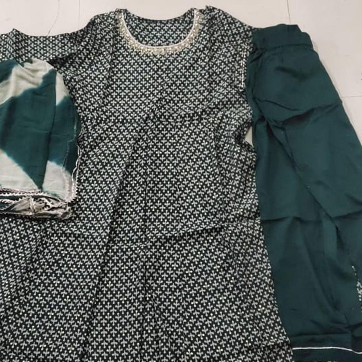 Green Printed Pure Cotton Anarkali Suit - Peachmode