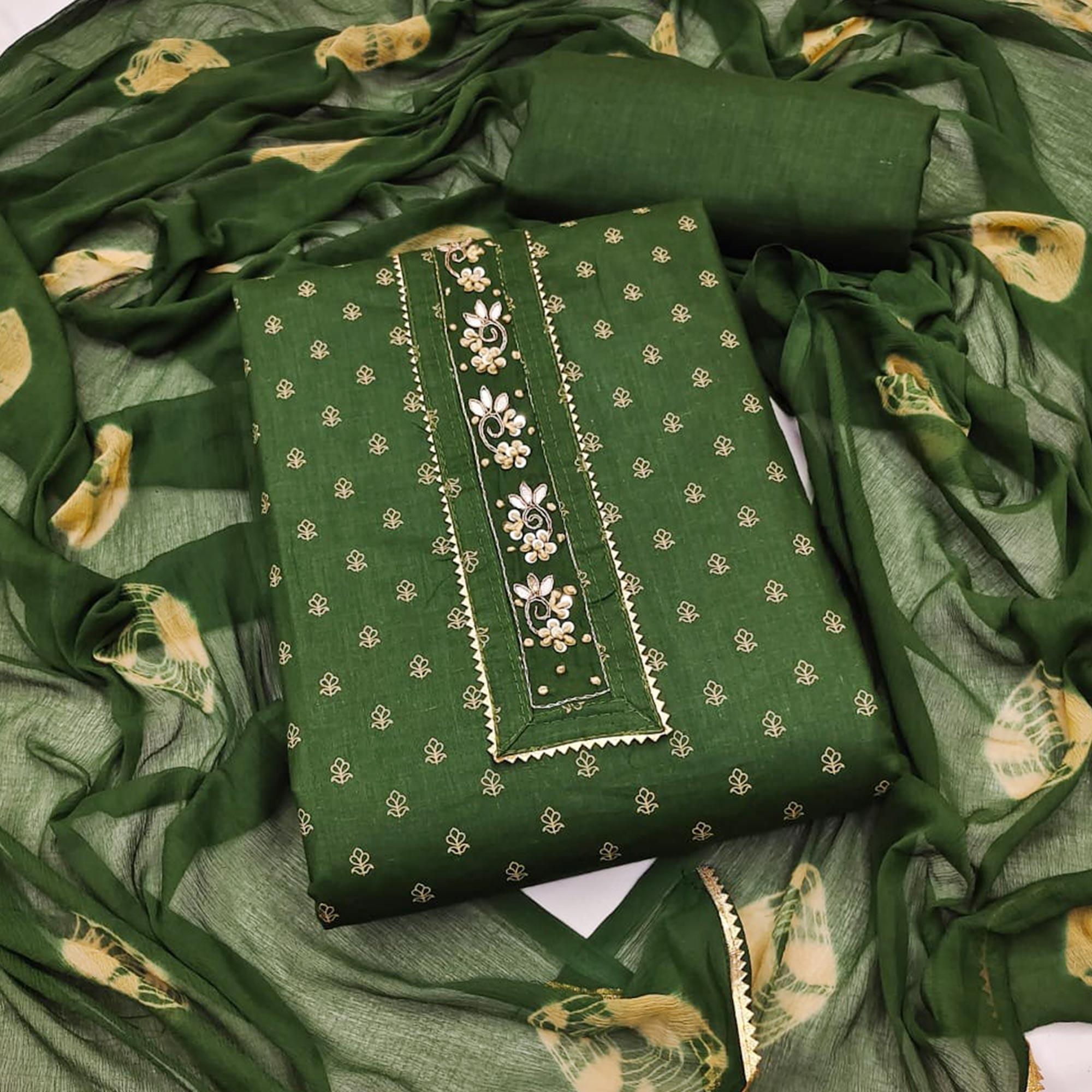 Green Printed Pure Cotton Dress Material - Peachmode