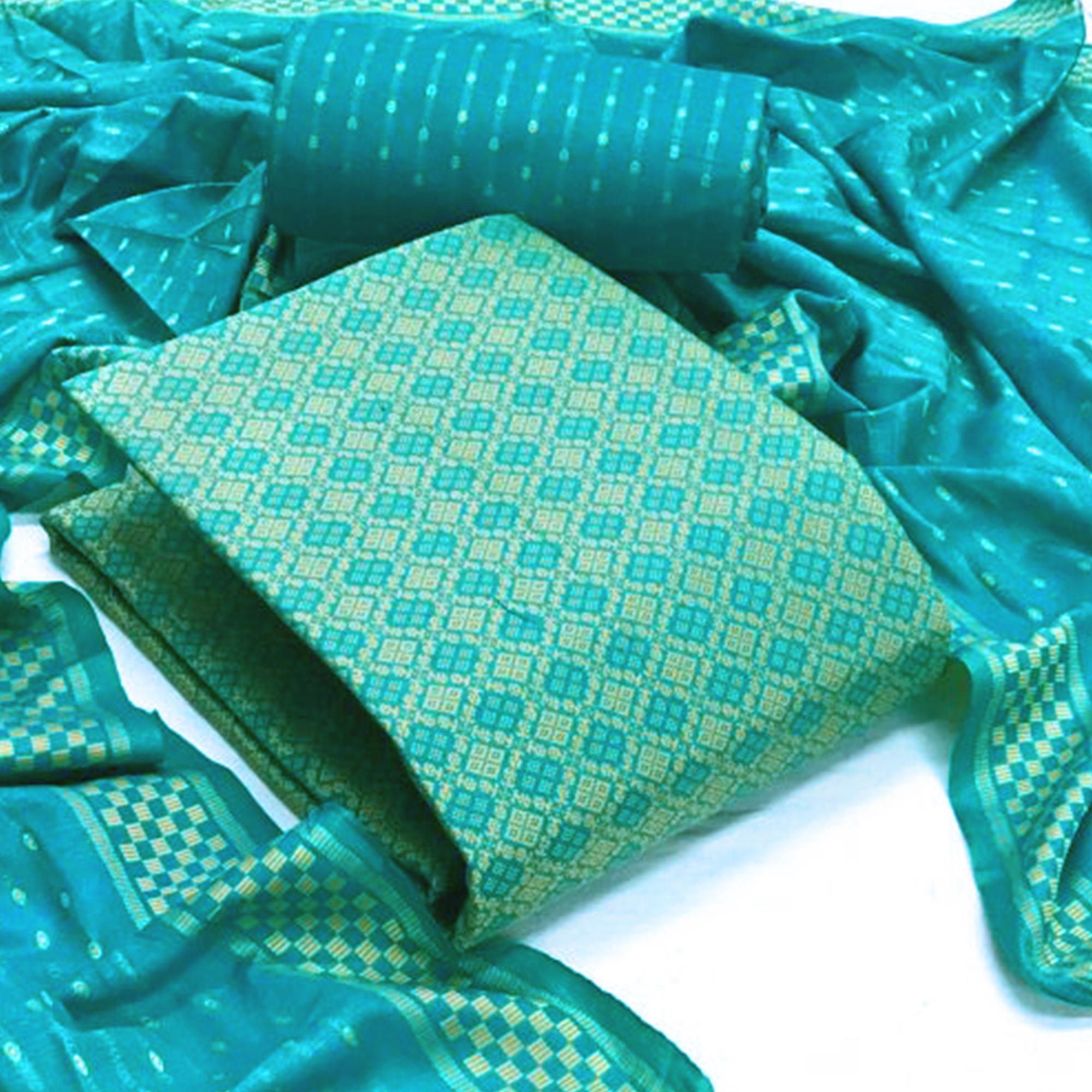 Green Printed Pure Cotton Dress Material - Peachmode
