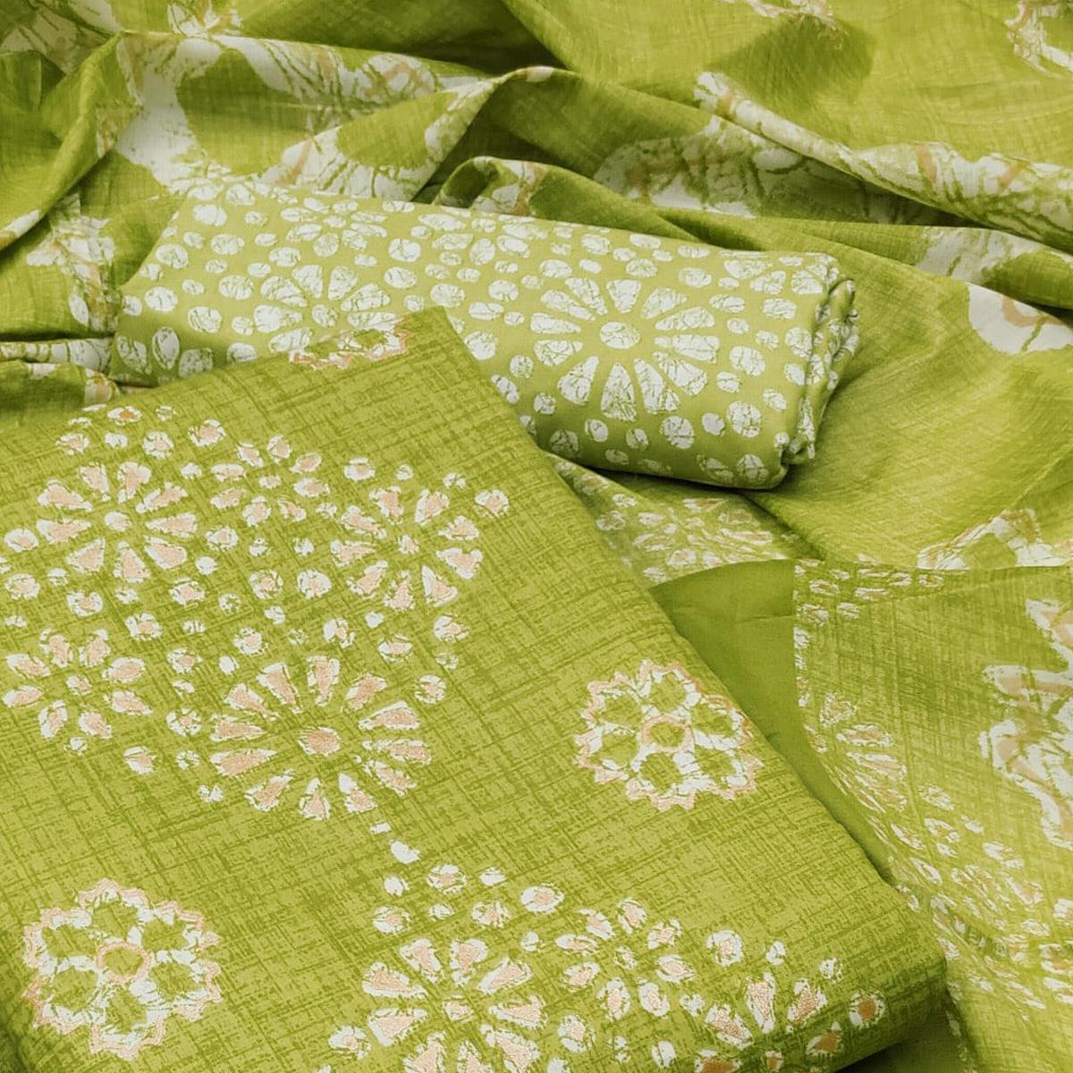 Green Printed Pure Cotton Dress Material - Peachmode