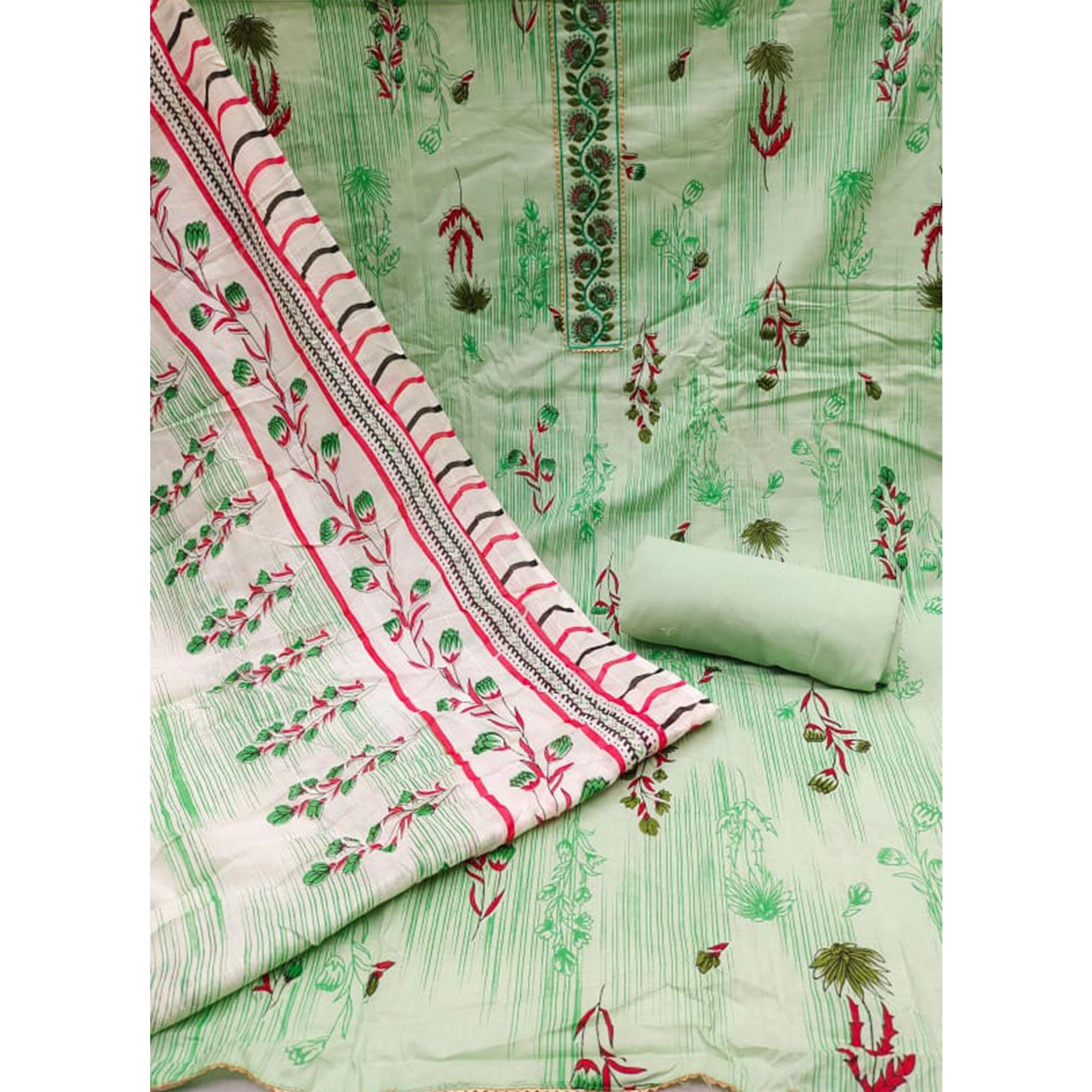 Green Printed Pure Cotton Dress Material - Peachmode