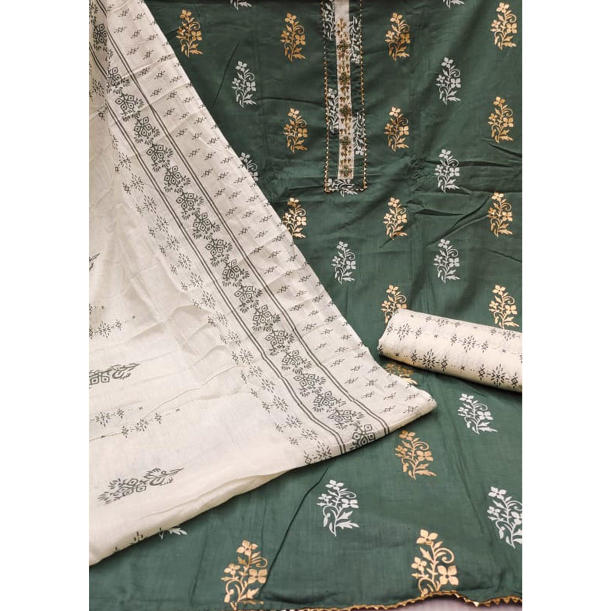 Green Printed Pure Cotton Dress Material - Peachmode