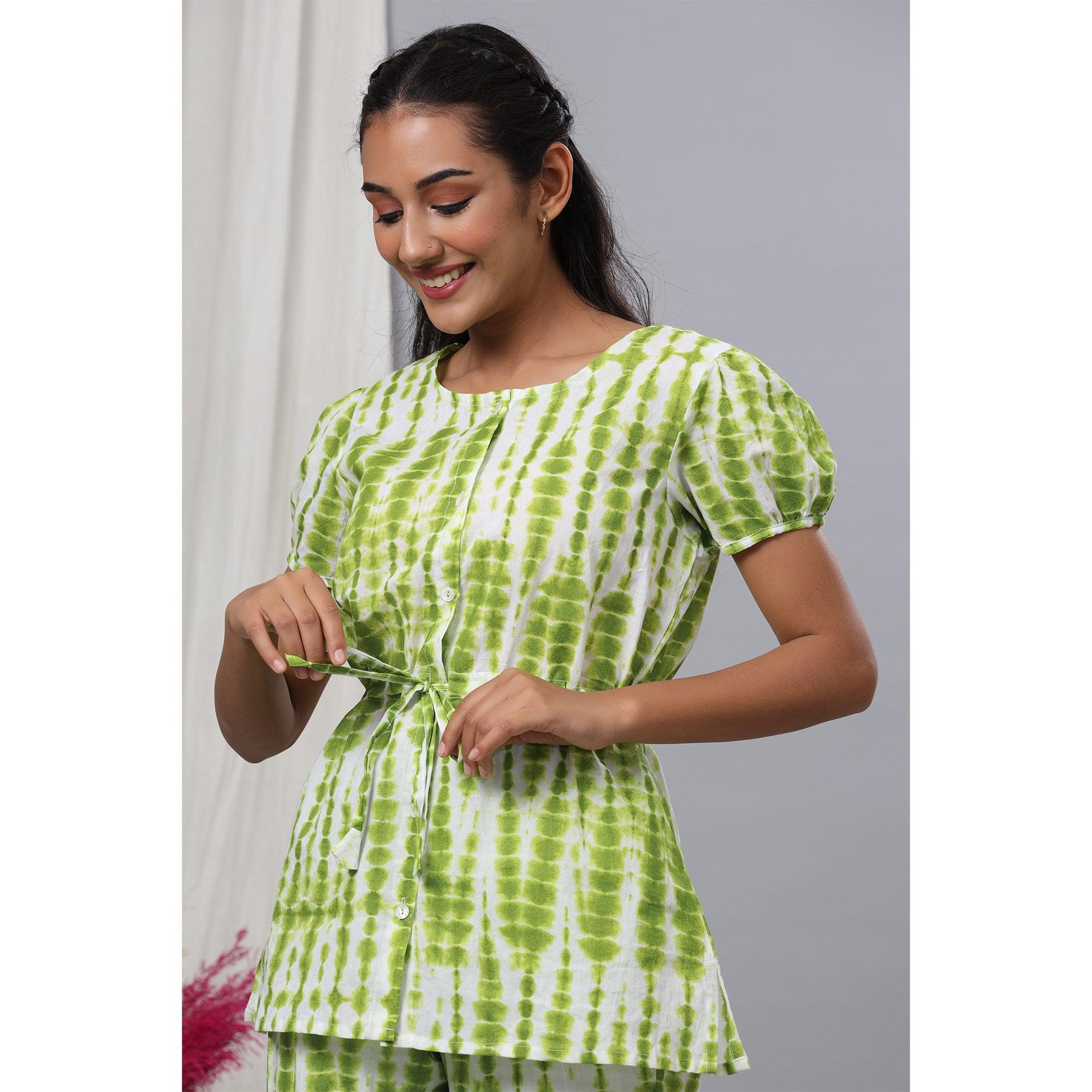 Green Printed Pure Cotton Night Suit - Peachmode