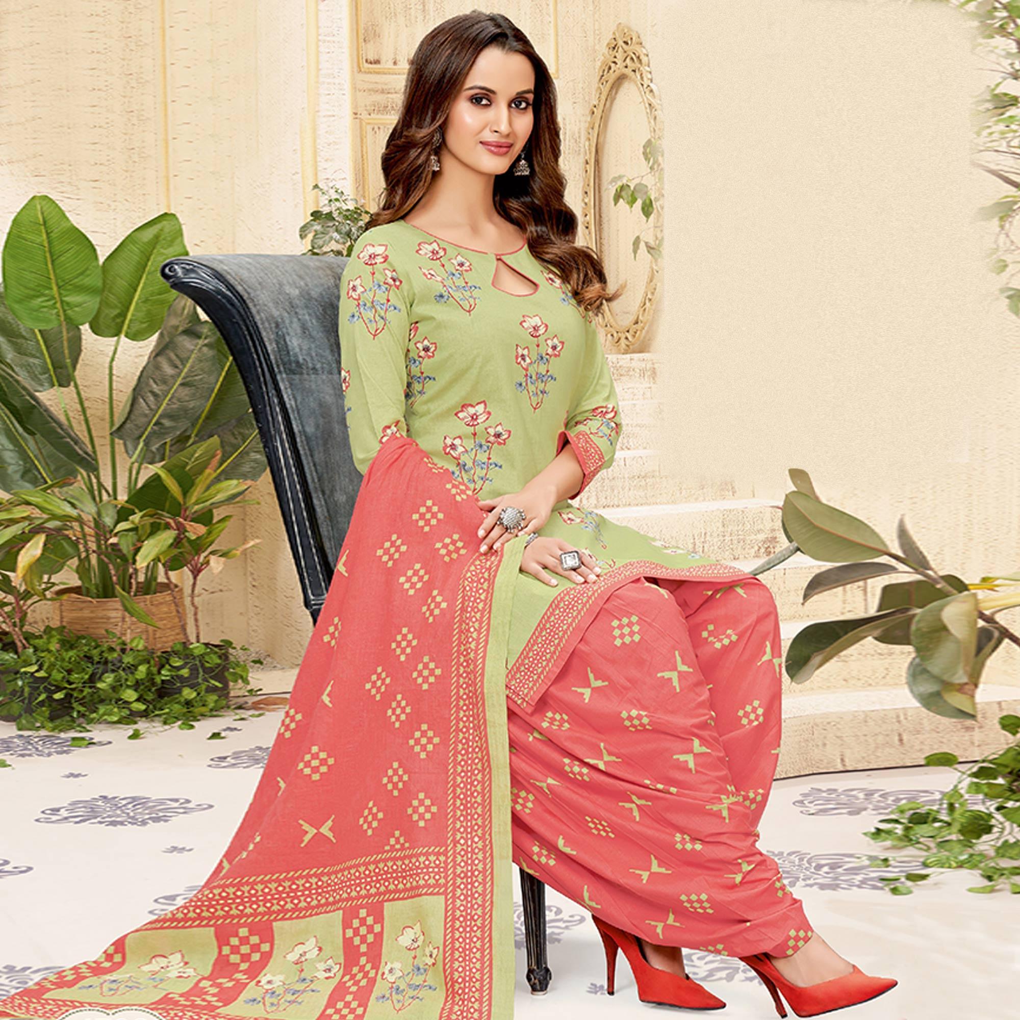 Green Printed Pure Cotton Patiala Dress Material - Peachmode