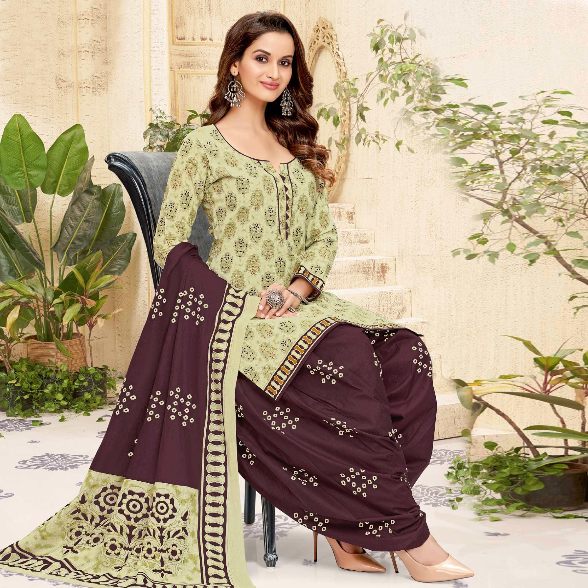 Green Printed Pure Cotton Patiala Dress Material - Peachmode