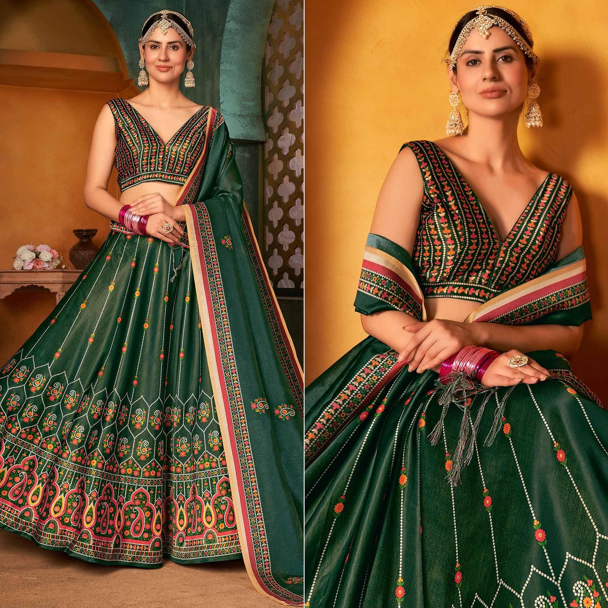 Green Printed Pure Silk Lehenga Choli - Peachmode