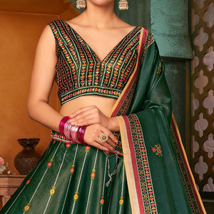 Green Printed Pure Silk Lehenga Choli - Peachmode