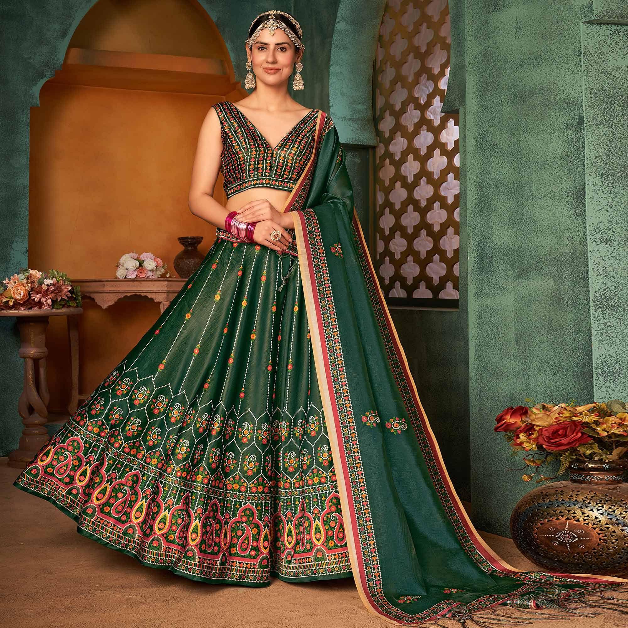 Green Printed Pure Silk Lehenga Choli - Peachmode
