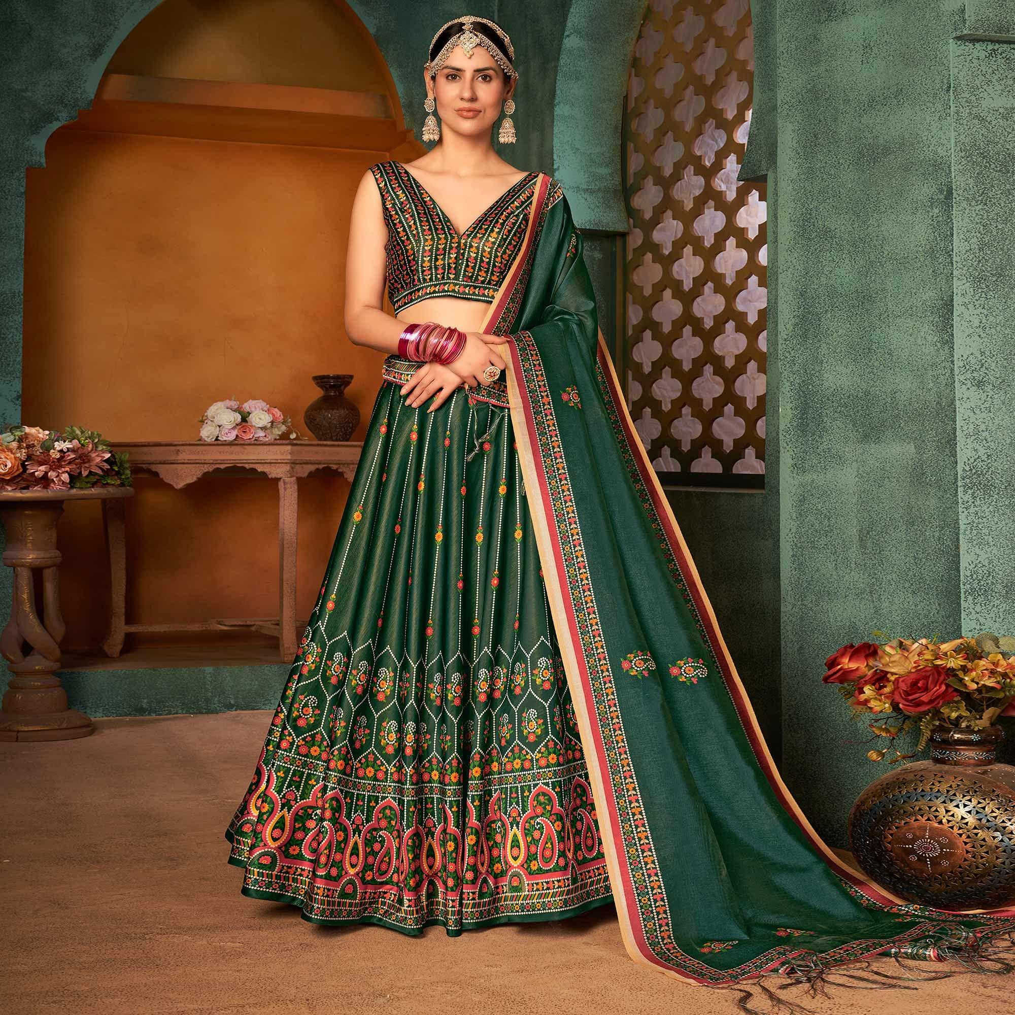 Green Printed Pure Silk Lehenga Choli - Peachmode