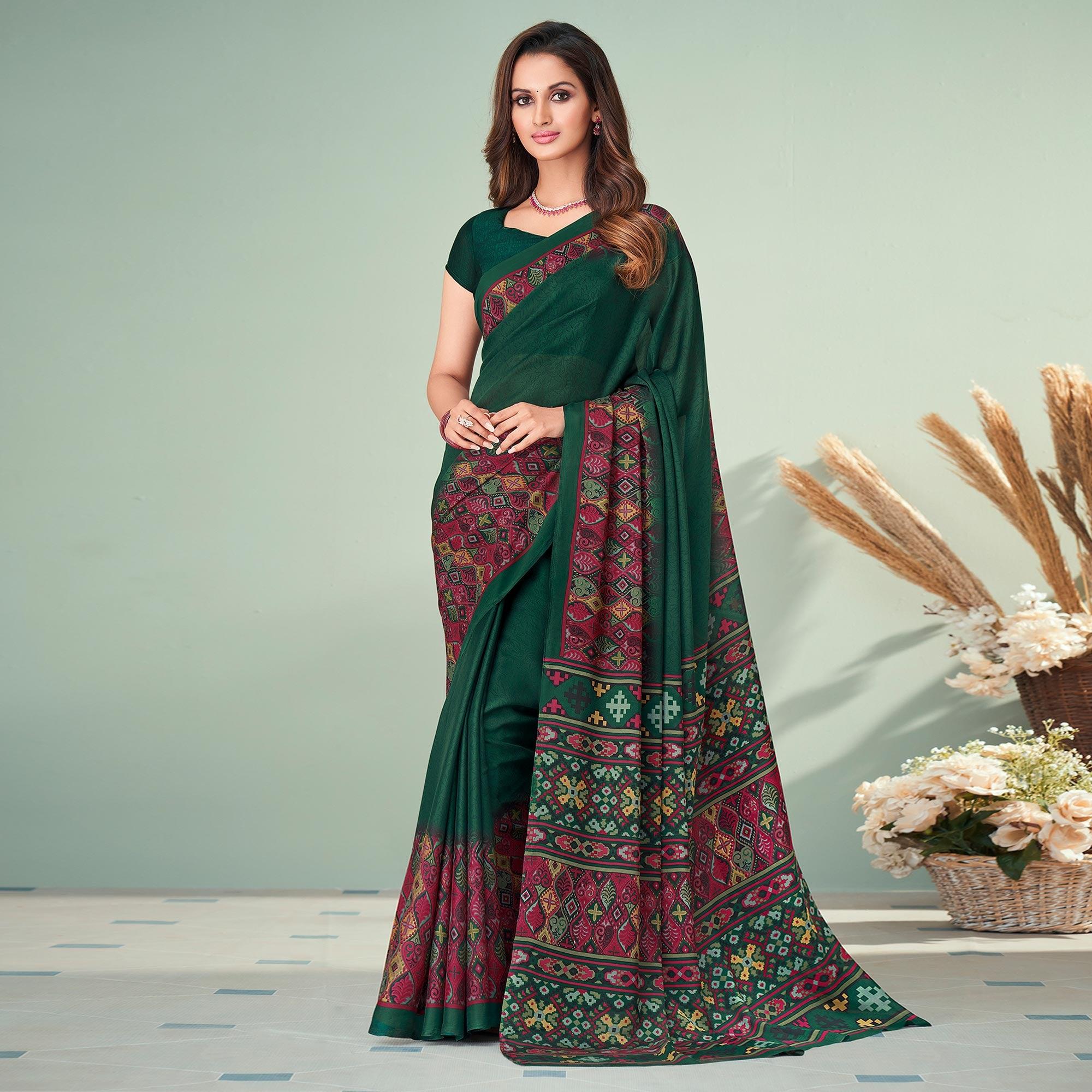 Green Printed Raw Silk Saree - Peachmode