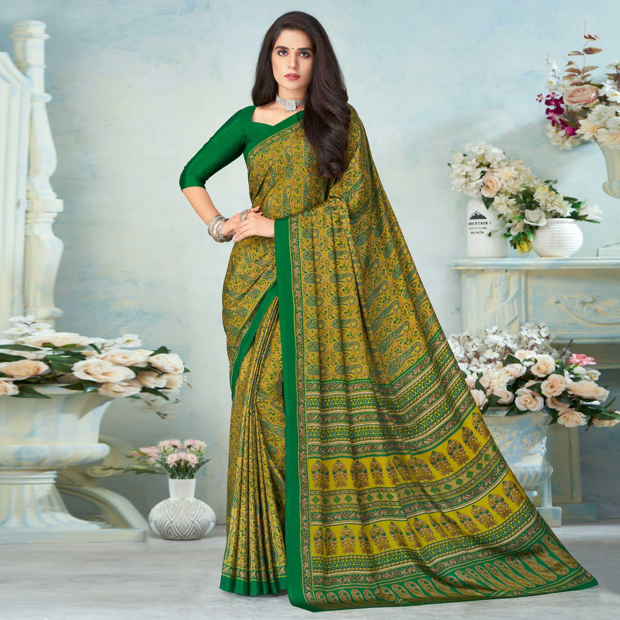 Green Printed Raw Silk Saree - Peachmode