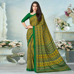 Green Printed Raw Silk Saree - Peachmode
