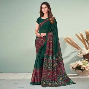 Green Printed Raw Silk Saree - Peachmode