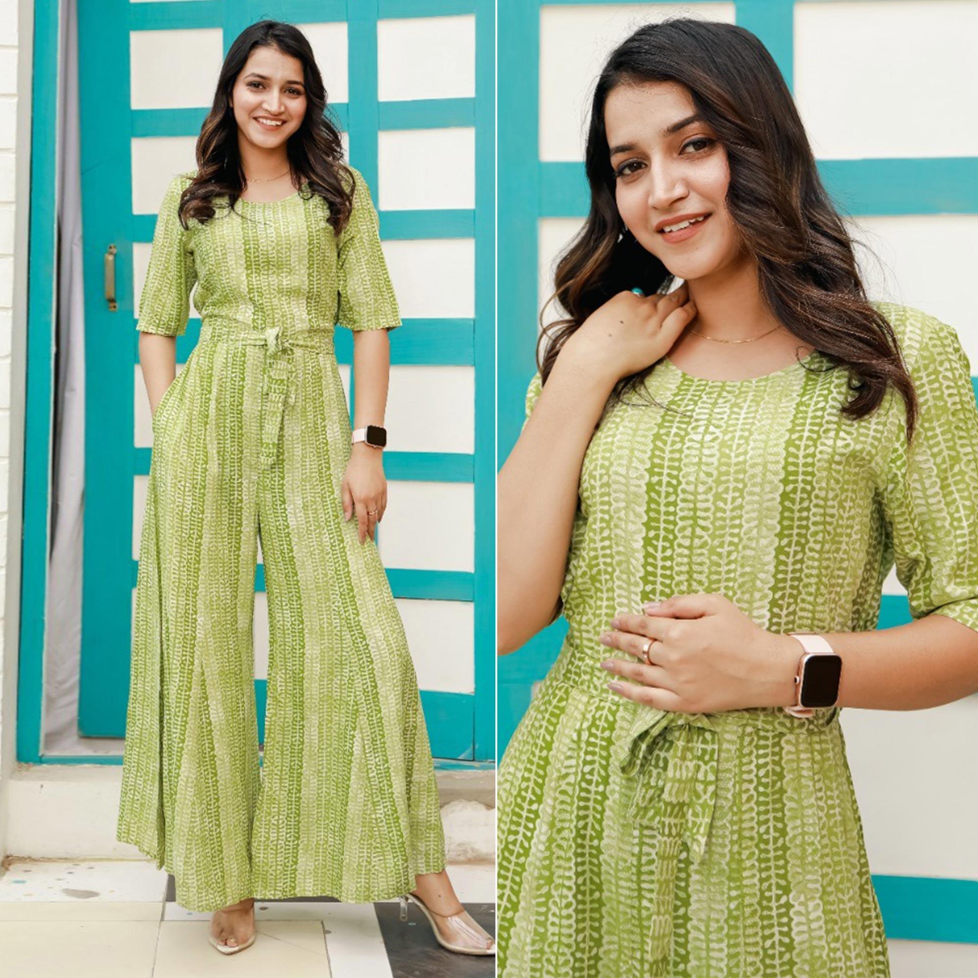 Green Printed Rayon Jumpsuit - Peachmode