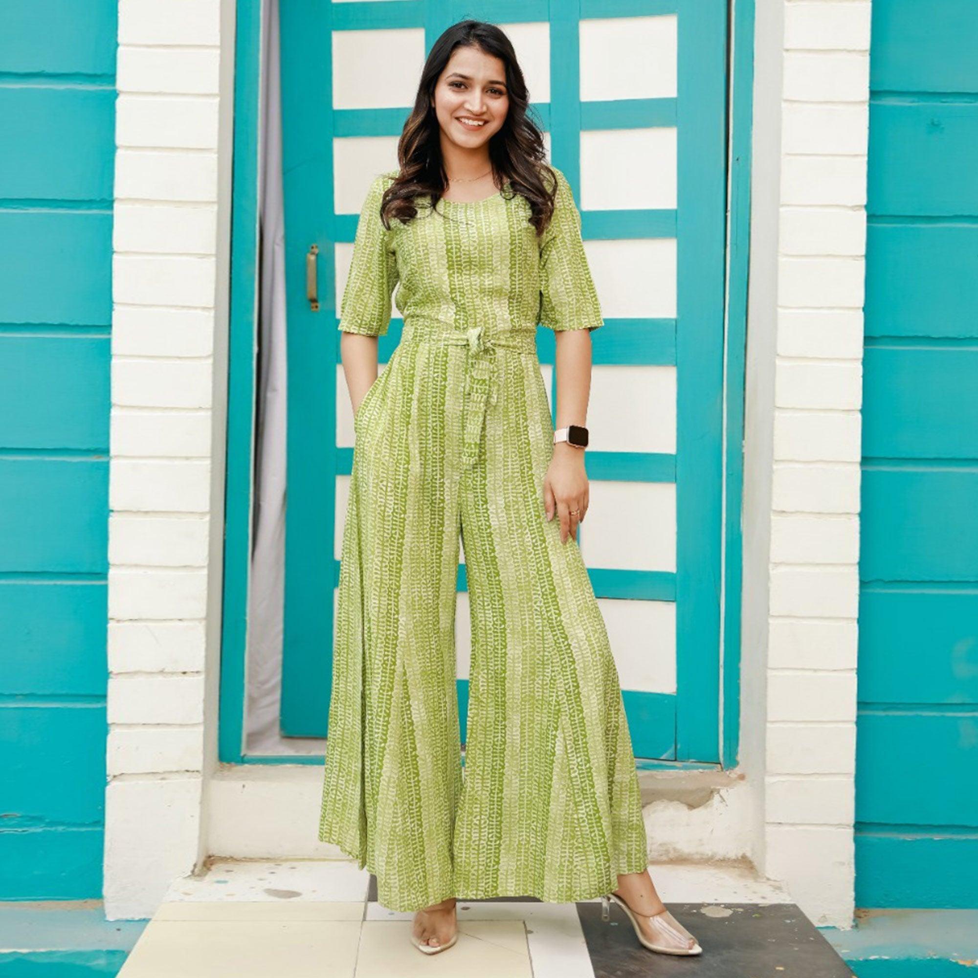 Green Printed Rayon Jumpsuit - Peachmode