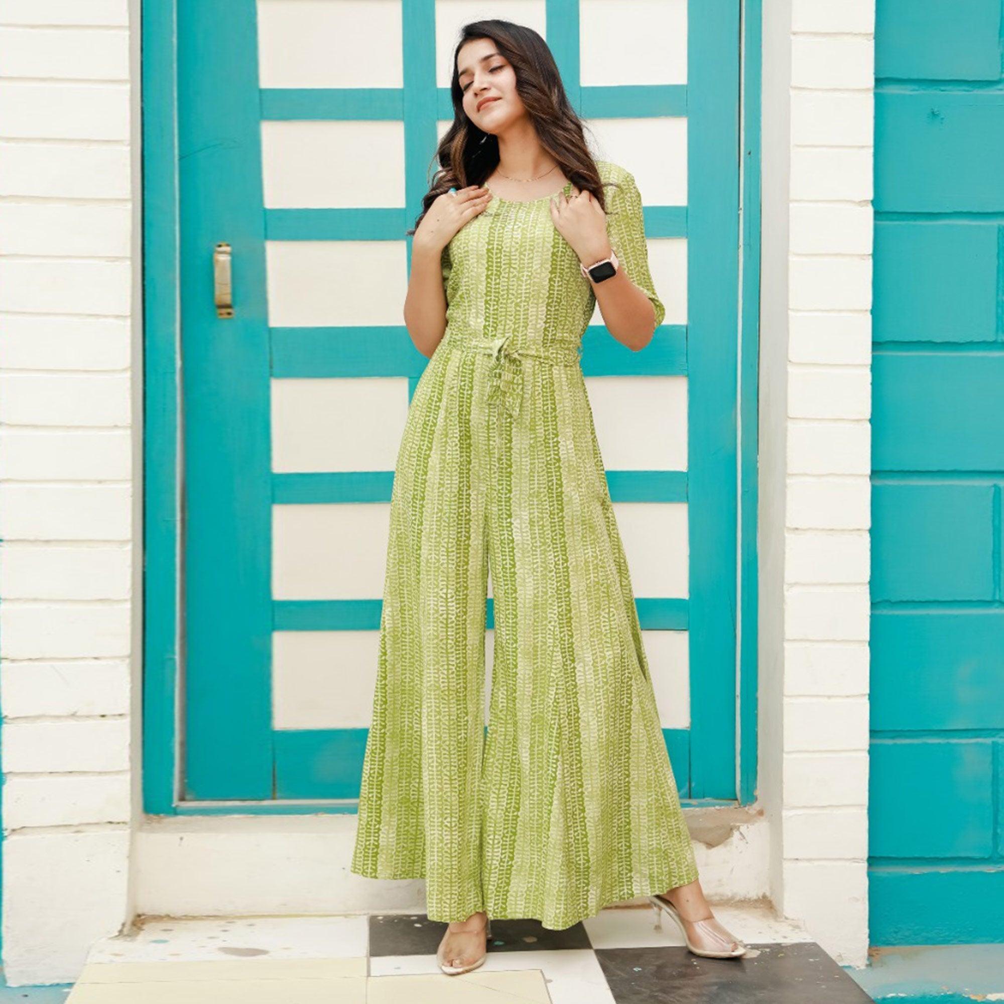 Green Printed Rayon Jumpsuit - Peachmode