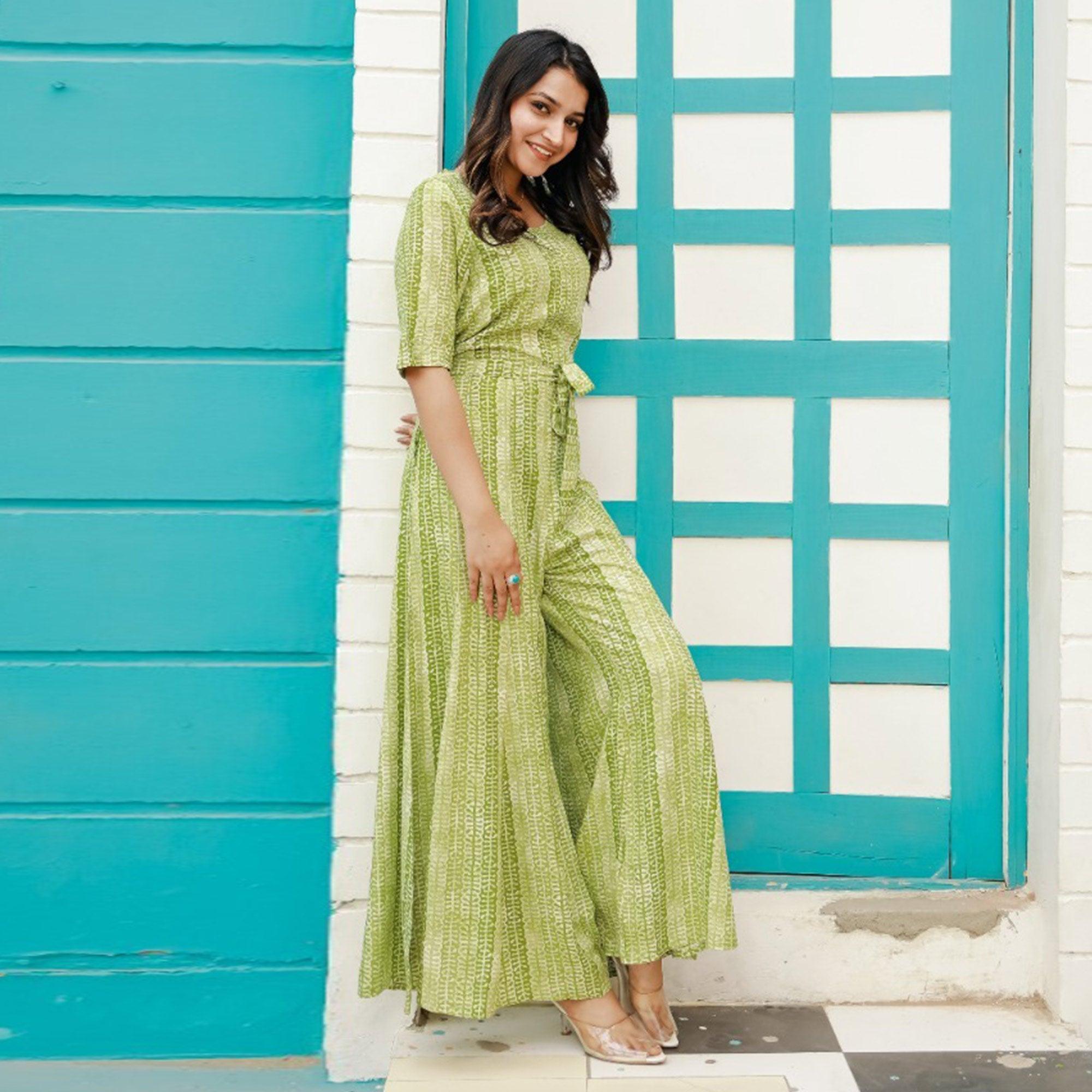 Green Printed Rayon Jumpsuit - Peachmode