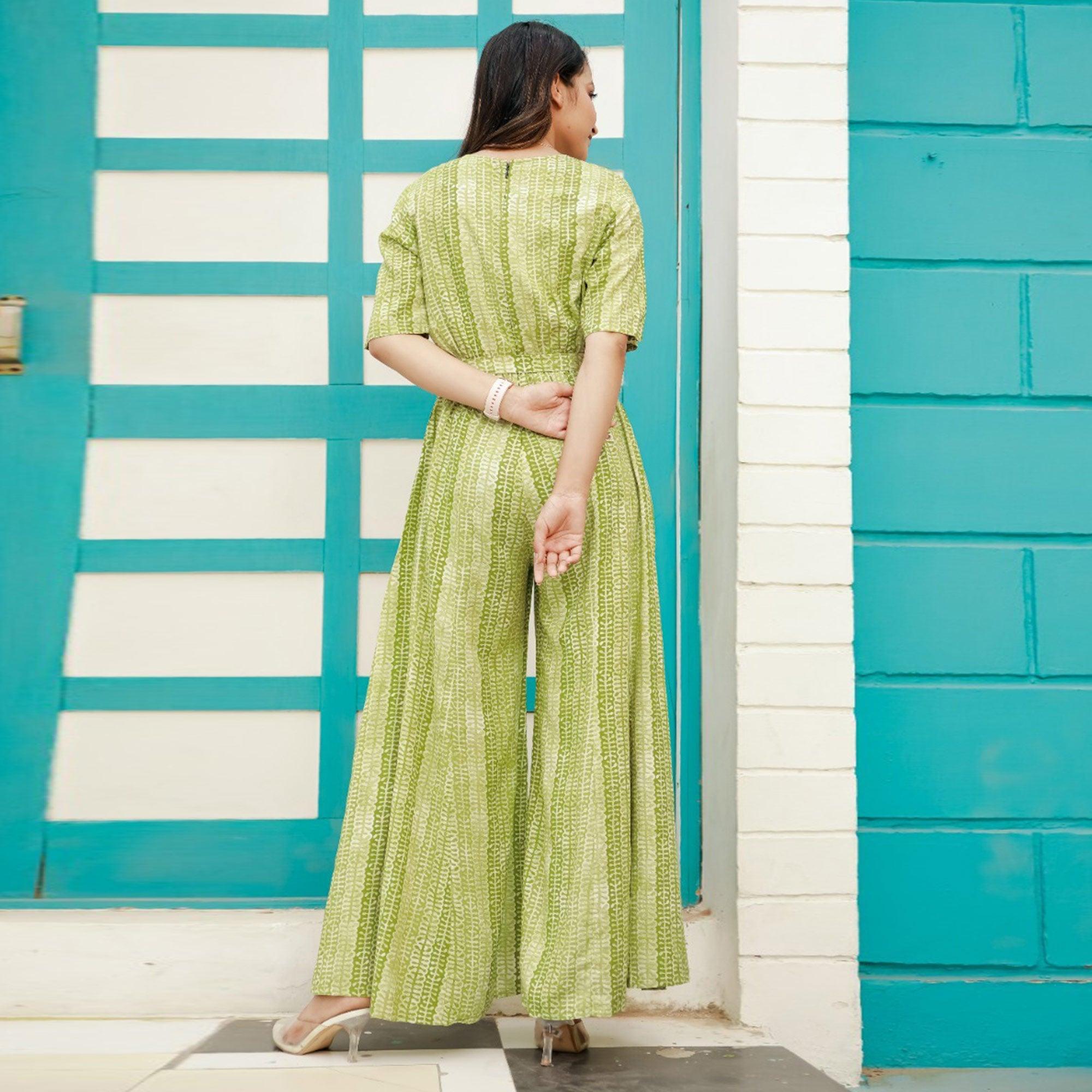 Green Printed Rayon Jumpsuit - Peachmode