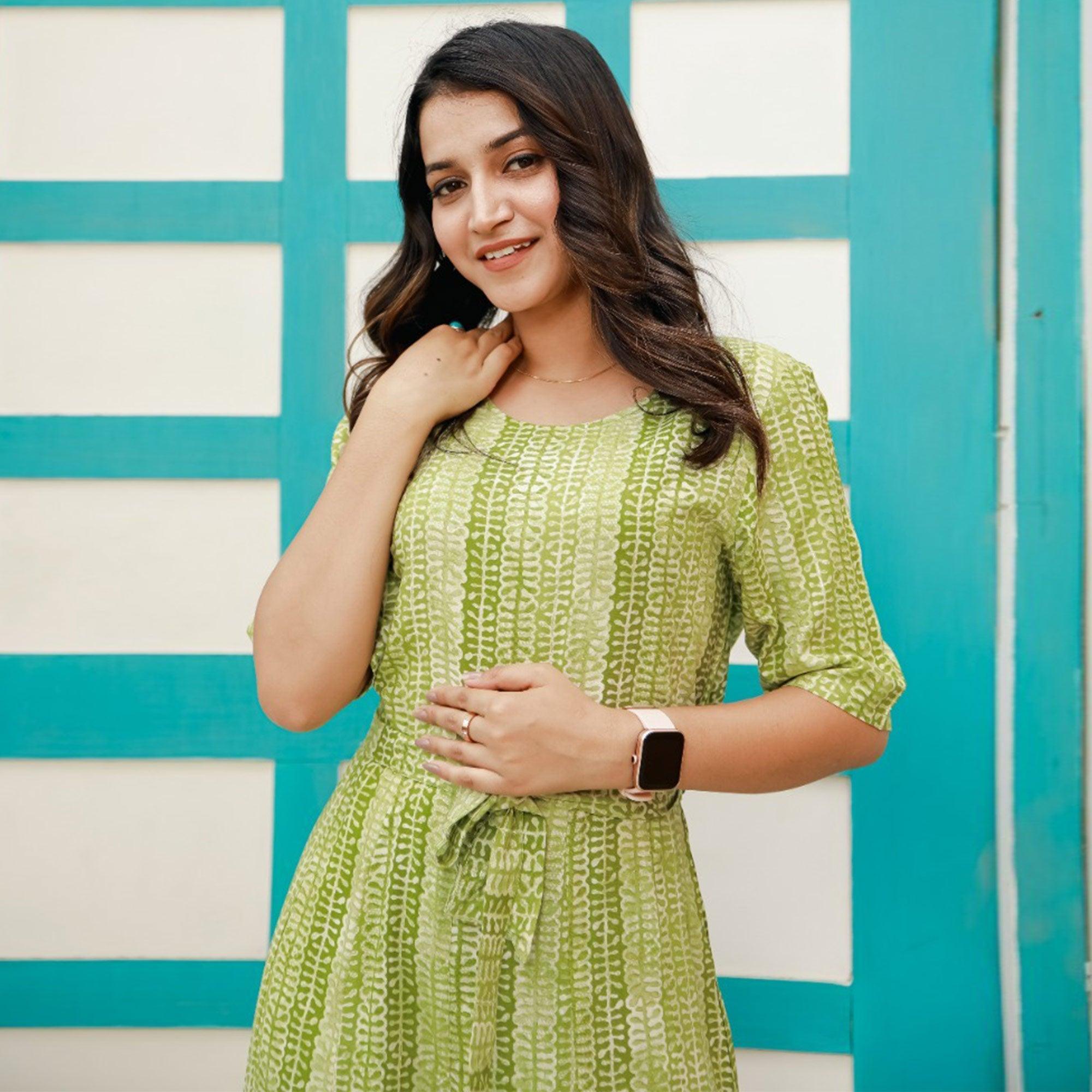 Green Printed Rayon Jumpsuit - Peachmode