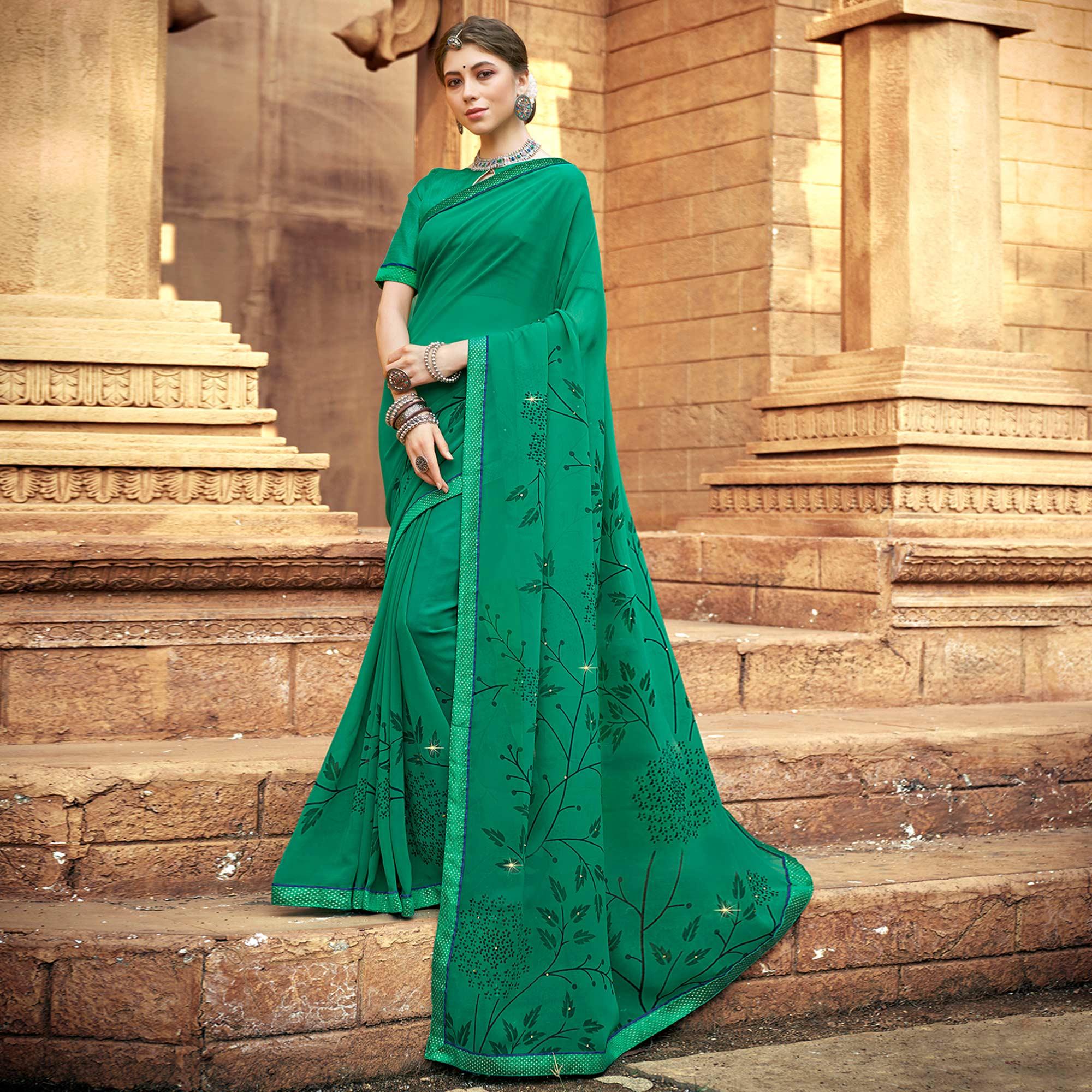Green Printed-Sequins Work Georgette Saree - Peachmode