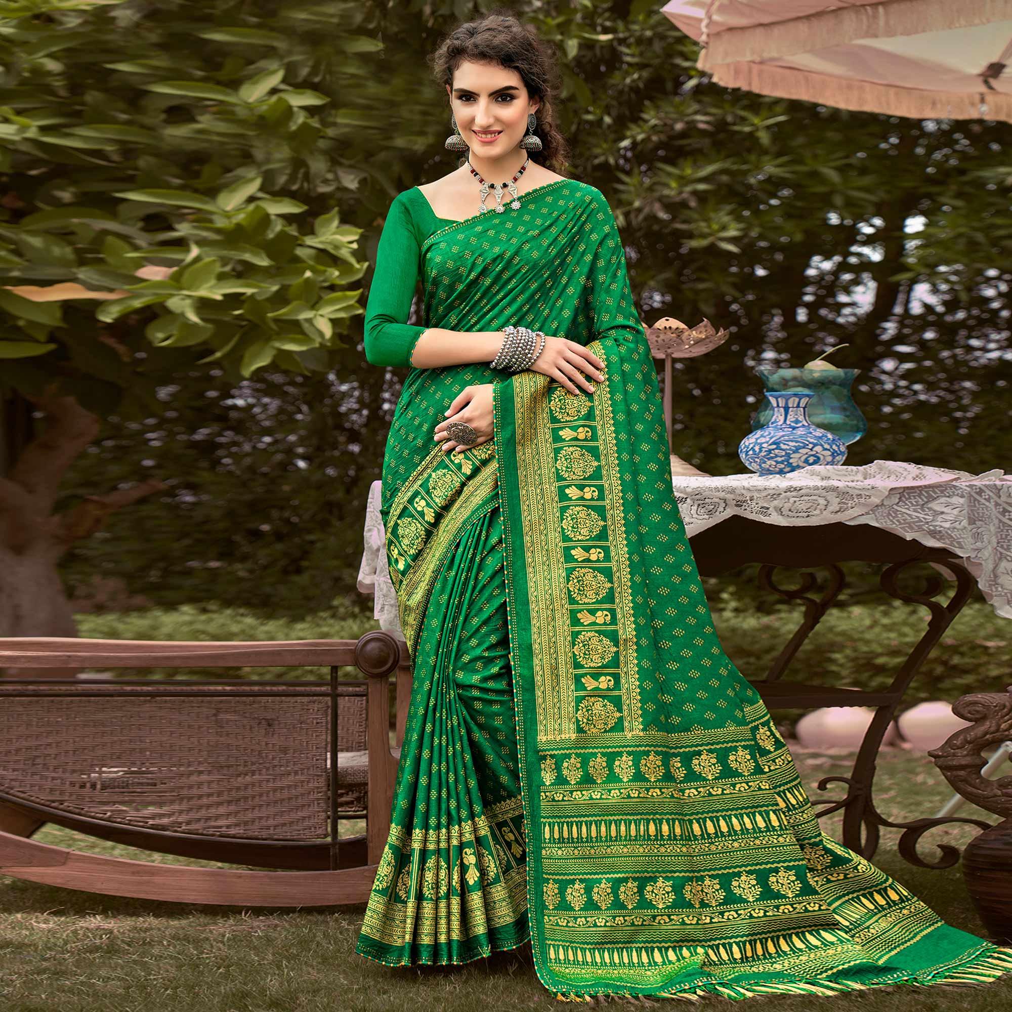Green Printed Vichitra Silk Saree With Tassels - Peachmode